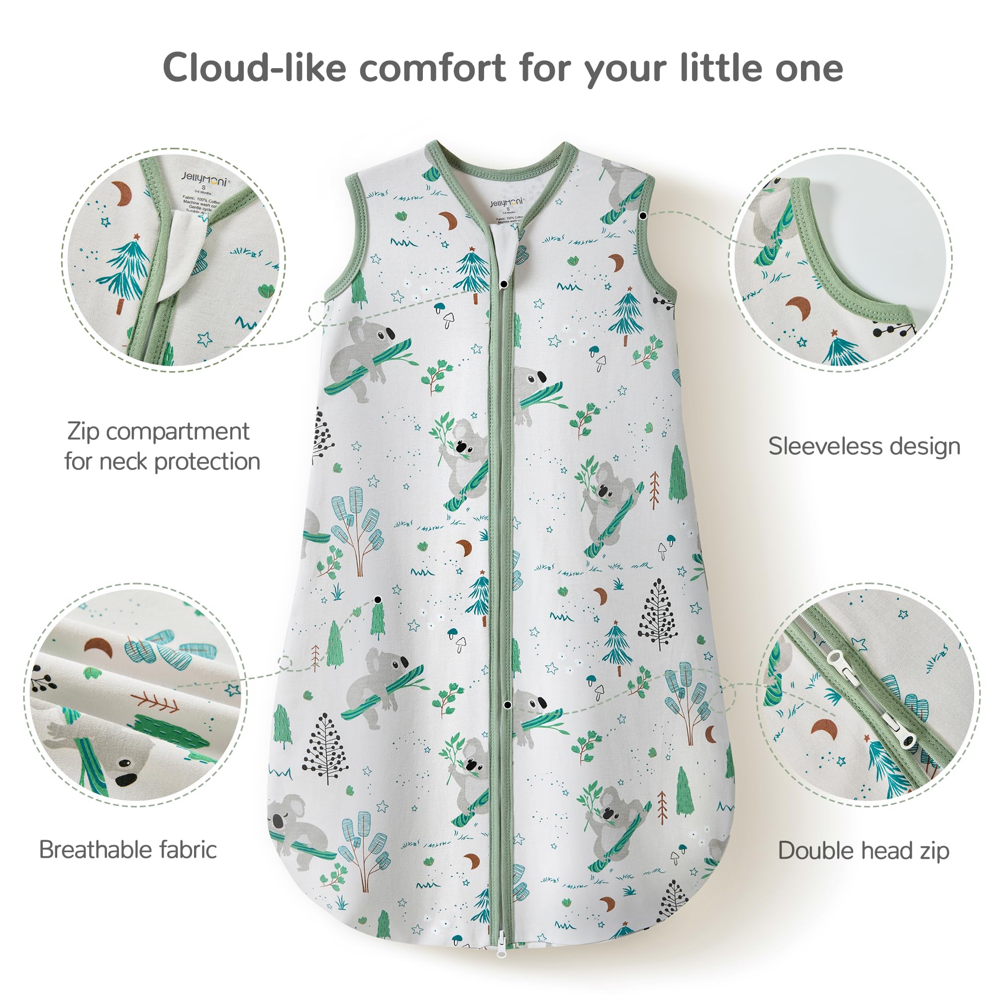 JELLYMONI sleep sack top zipper guard protects baby's face during dressing.