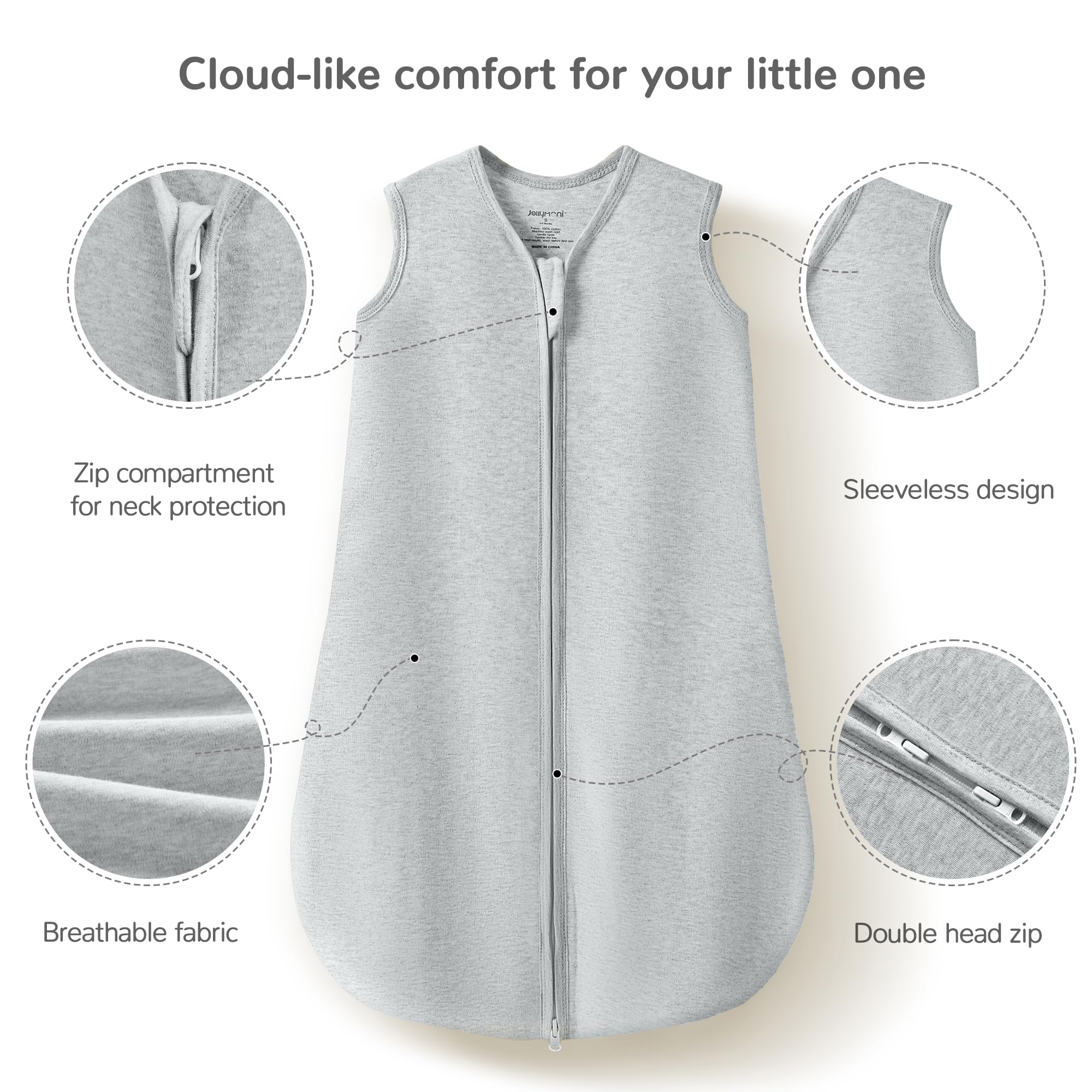 Jellymoni two-way zipper close-up for easy dressing and diaper changes.