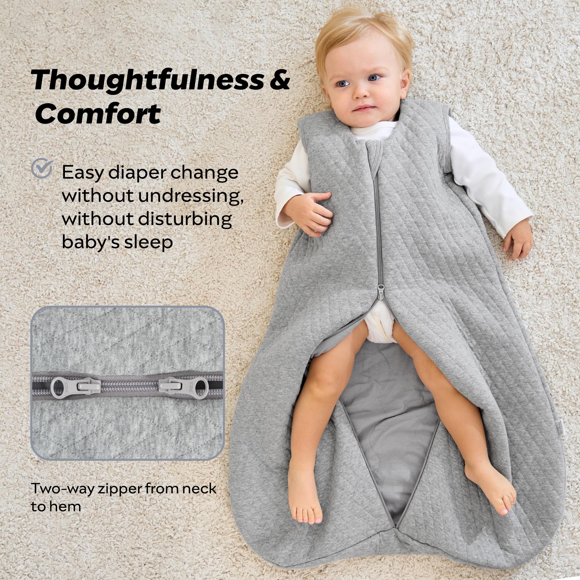 JellyMoni two-way-zipper close-up shows easy, safe diaper changes.