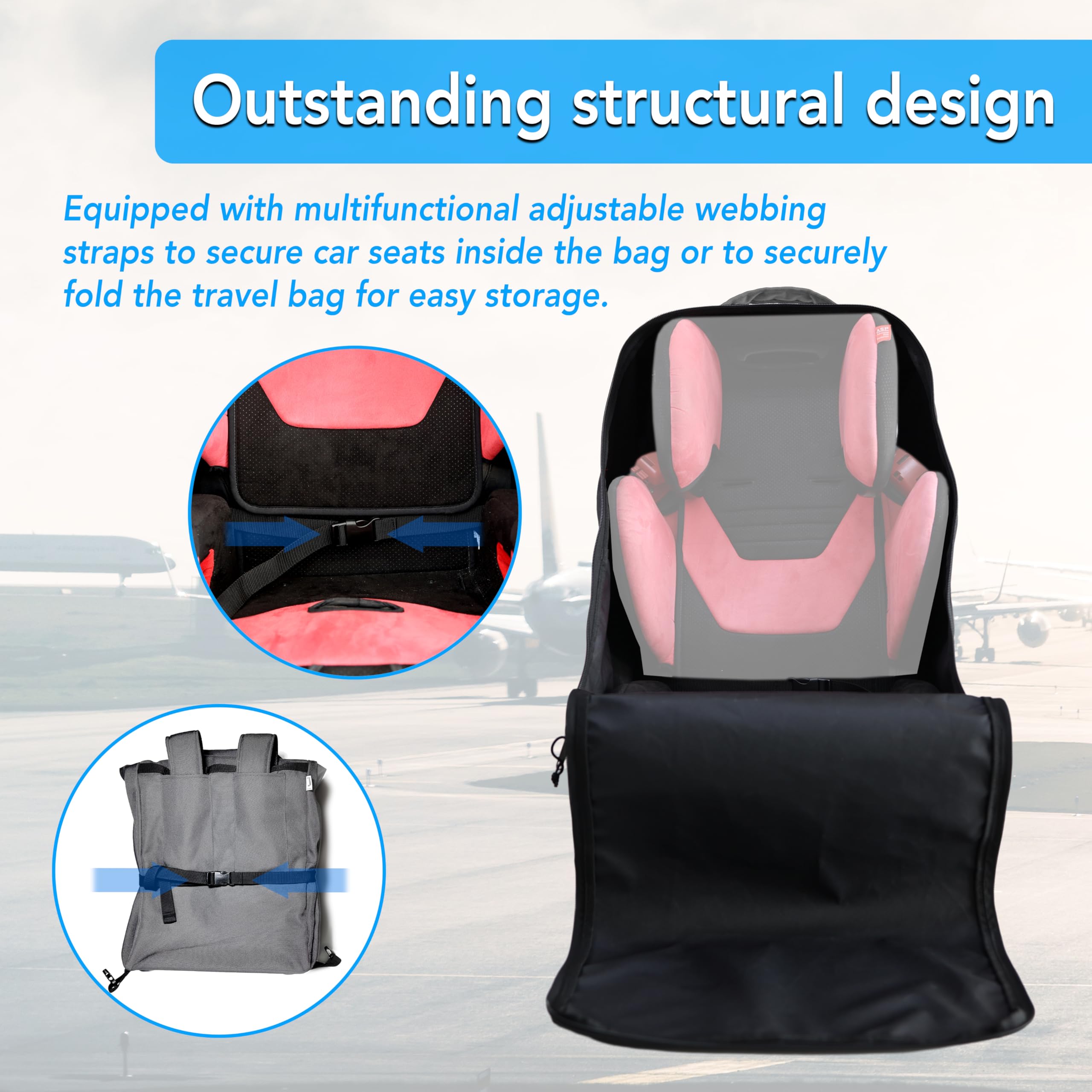 Jenen Jnzen bag dimensions 27x16x21 inches fitting most car seats up to 28 inches.