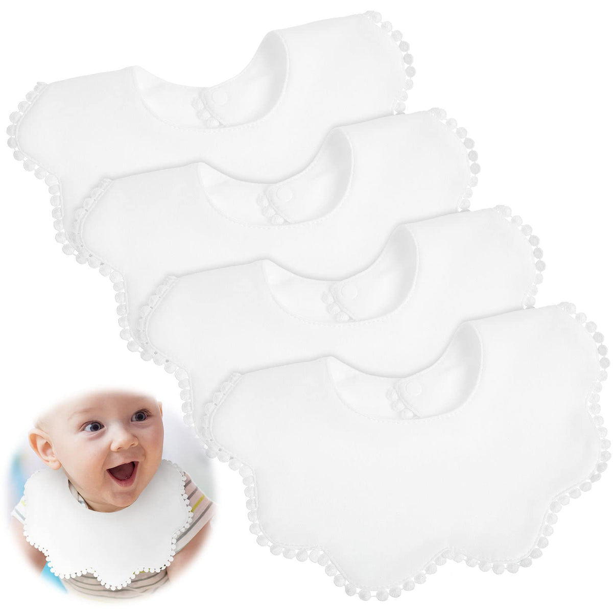 JenPen white bandana bibs set, soft cotton absorbs drool to keep outfits clean.