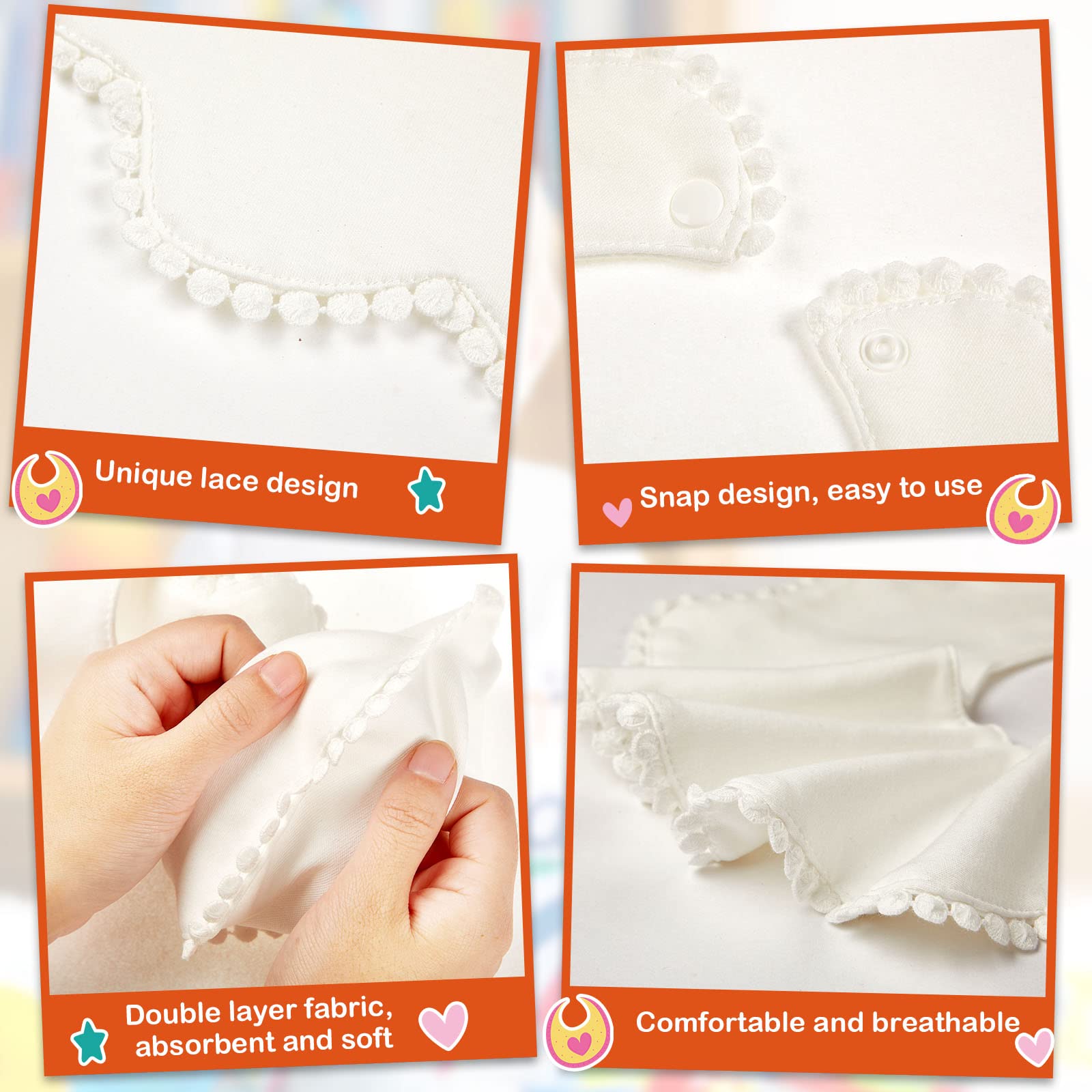 JenPen white bibs for babies, lace detail and unisex look for everyday wear