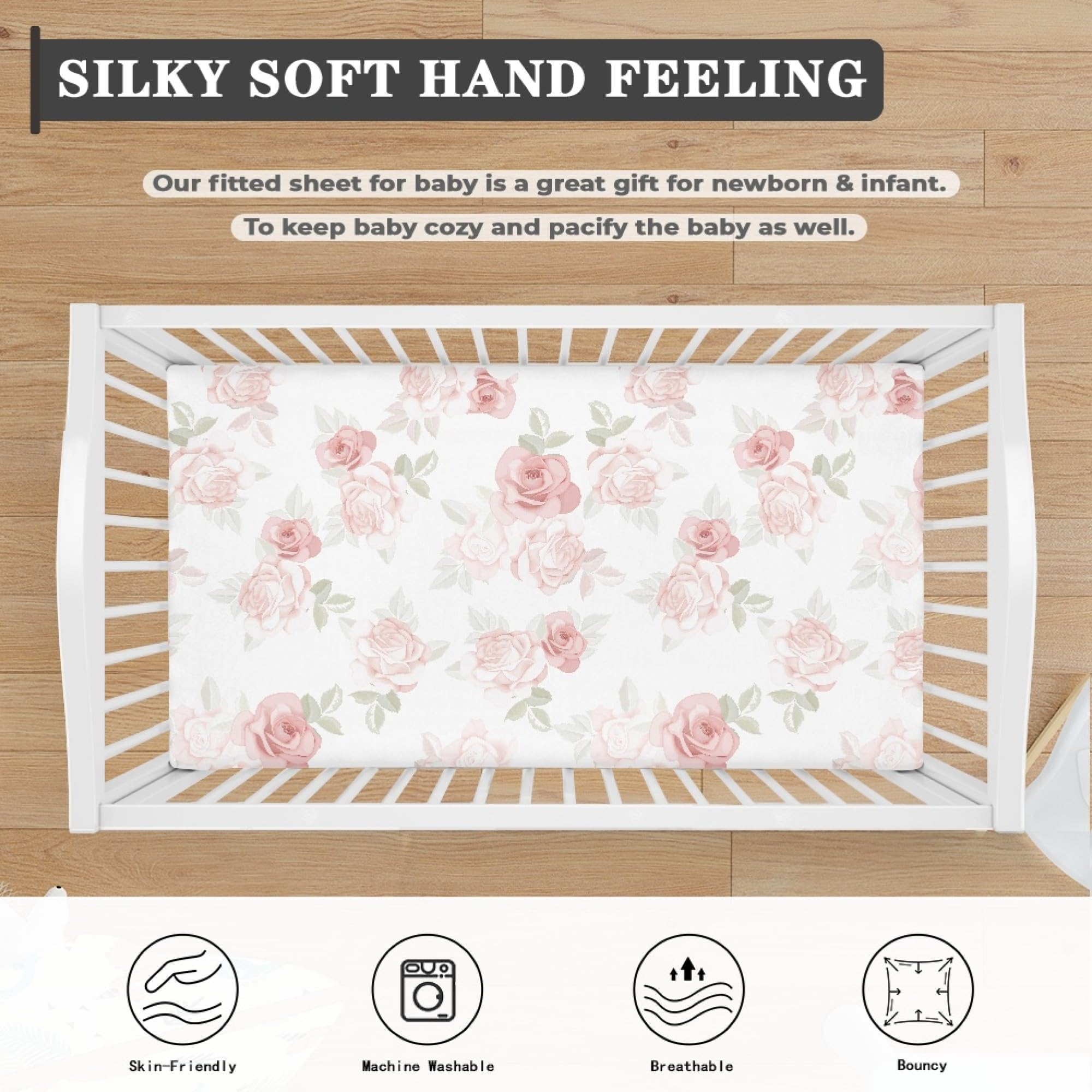 JEPFEIXIA pink-roses-fitted-crib-sheet is easy to clean with cold-water washes.