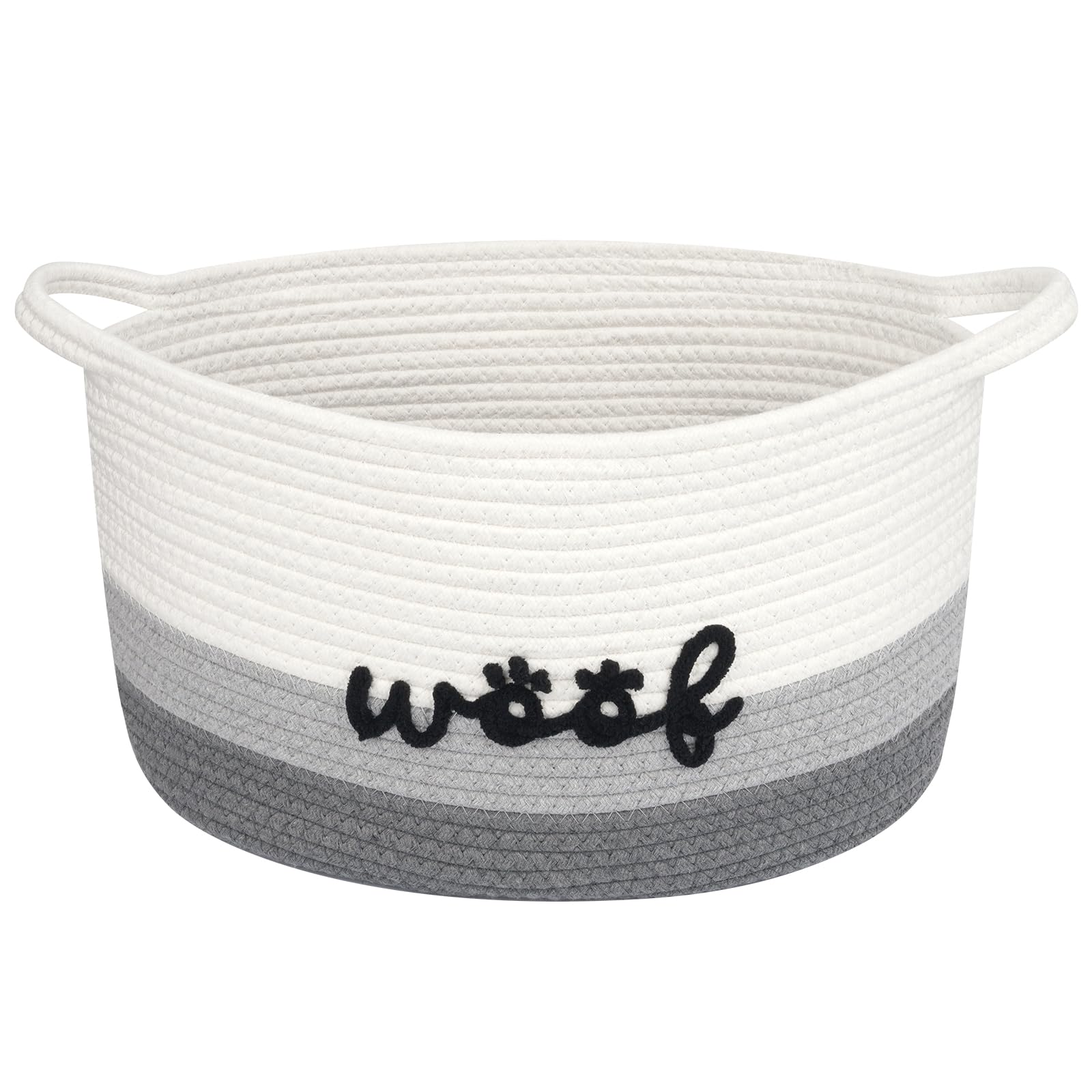 JEROKUMI dog toy basket with woof embroidery keeps living room toys organized.