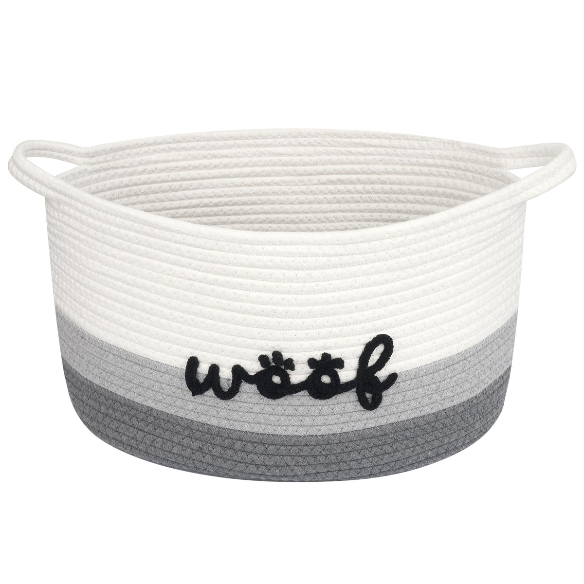 JEROKUMI dog toy basket with woof embroidery keeps living room toys organized.