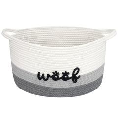 JEROKUMI dog toy basket with woof embroidery keeps living room toys organized.