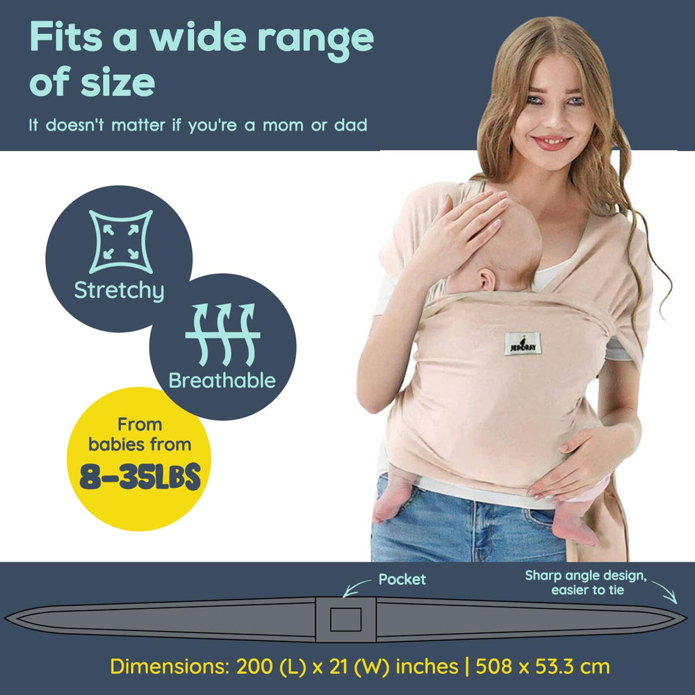 Jeroray Baby Wrap Carrier made of soft breathable fabric for year-round use.
