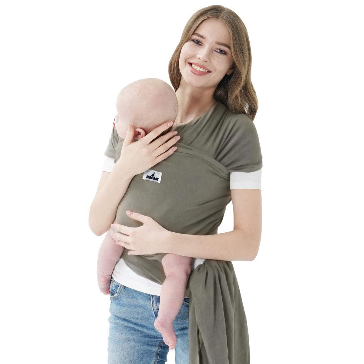 Jeroray baby wrap in sage green with soft touch fabric for gentle skin comfort.