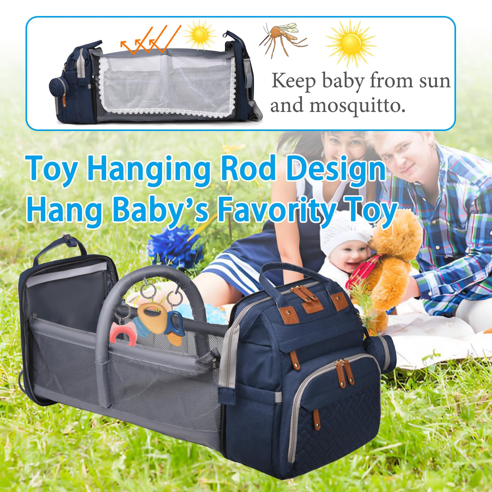 Jeryswet diaper bag in waterproof Oxford fabric keeps contents dry.