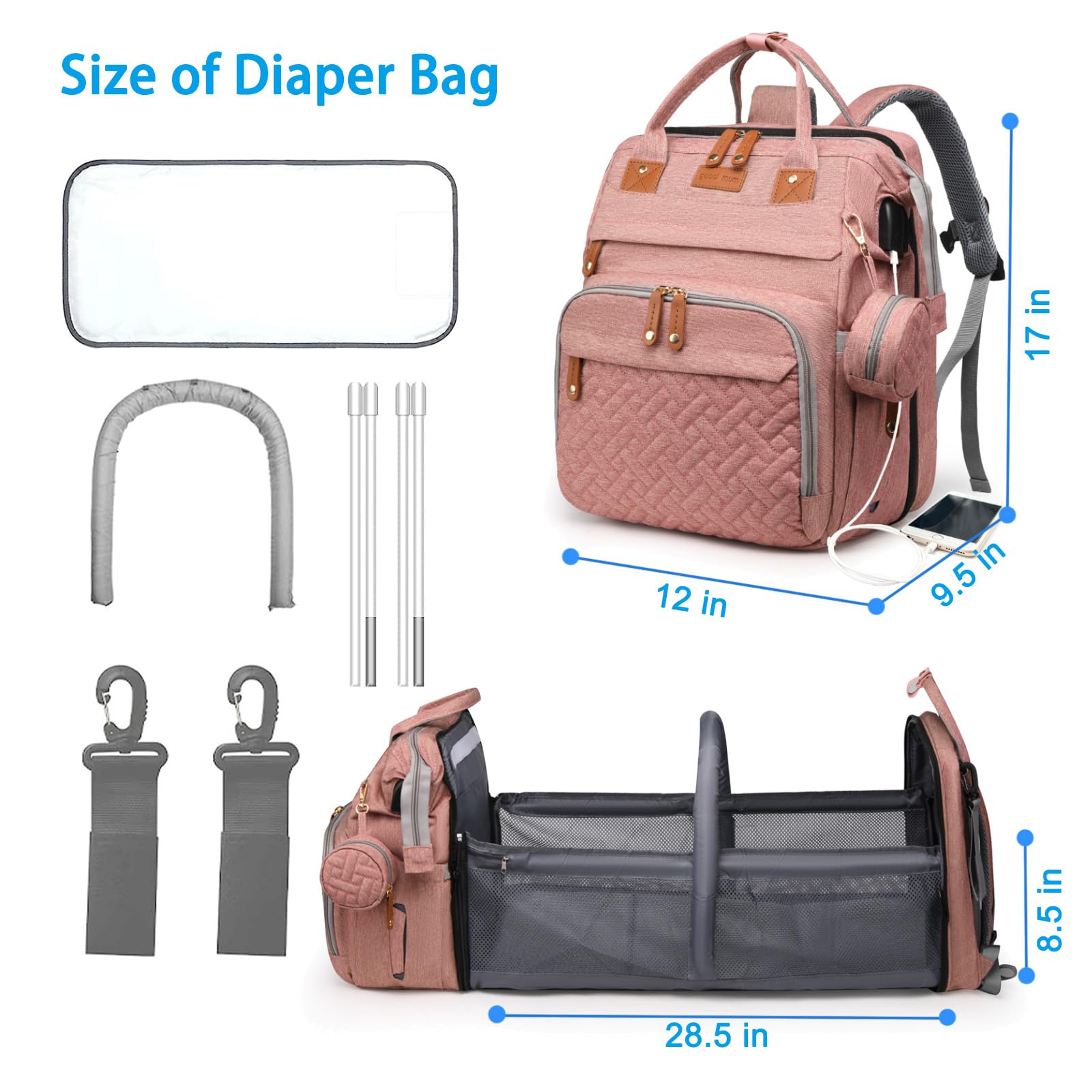 Jeryswet diaper bag with built-in stroller straps for easy transport