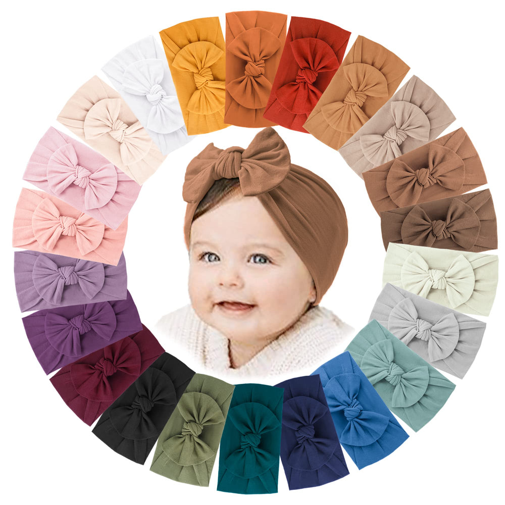 Jesries 22-pcs baby headbands with soft nylon and bows for gentle daily wear.