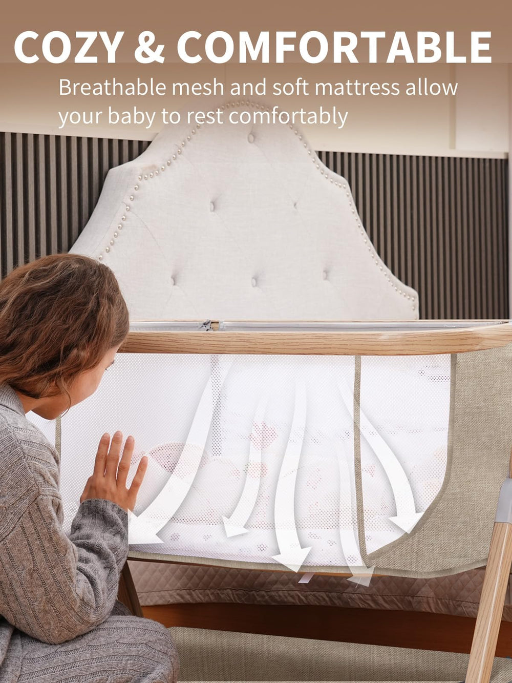 Jestonten bassinet offers six height levels to match bed or seating arrangements.