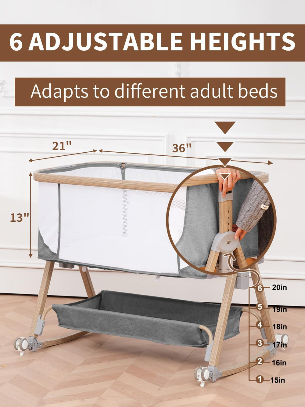 Jestonten six-level height adjustment matches multiple bed heights.