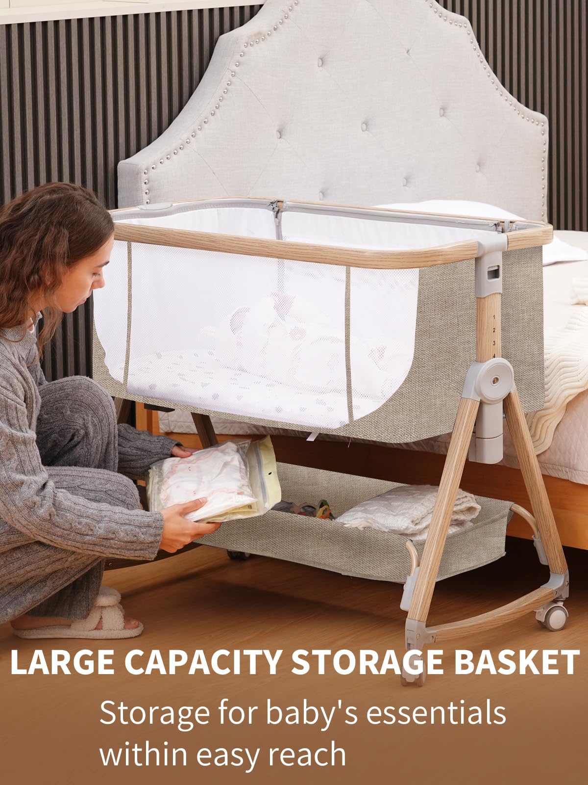 Jestonten bassinet includes a large storage basket for baby essentials.