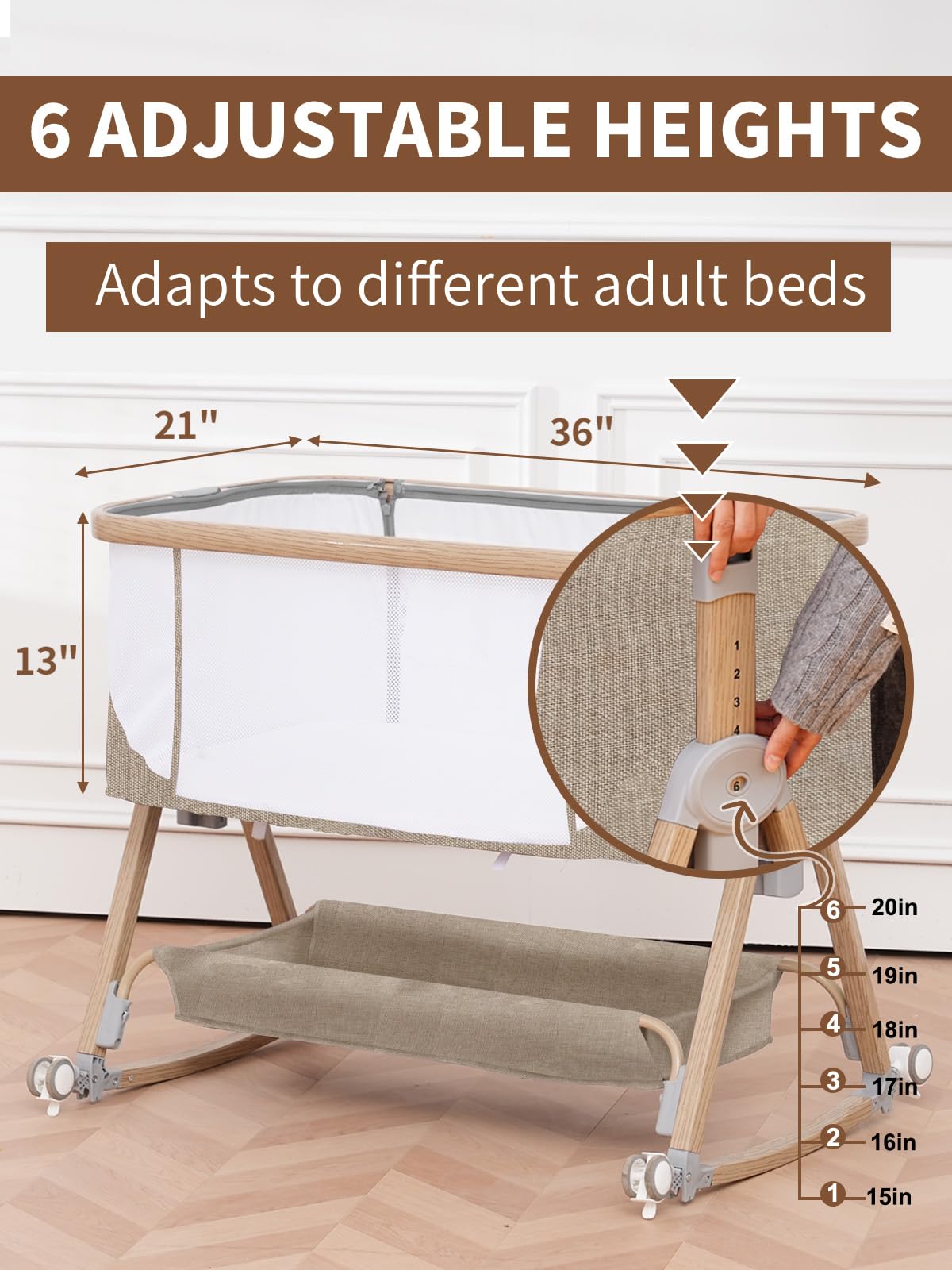 Jestonten bassinet on wheels enables easy repositioning around the room.