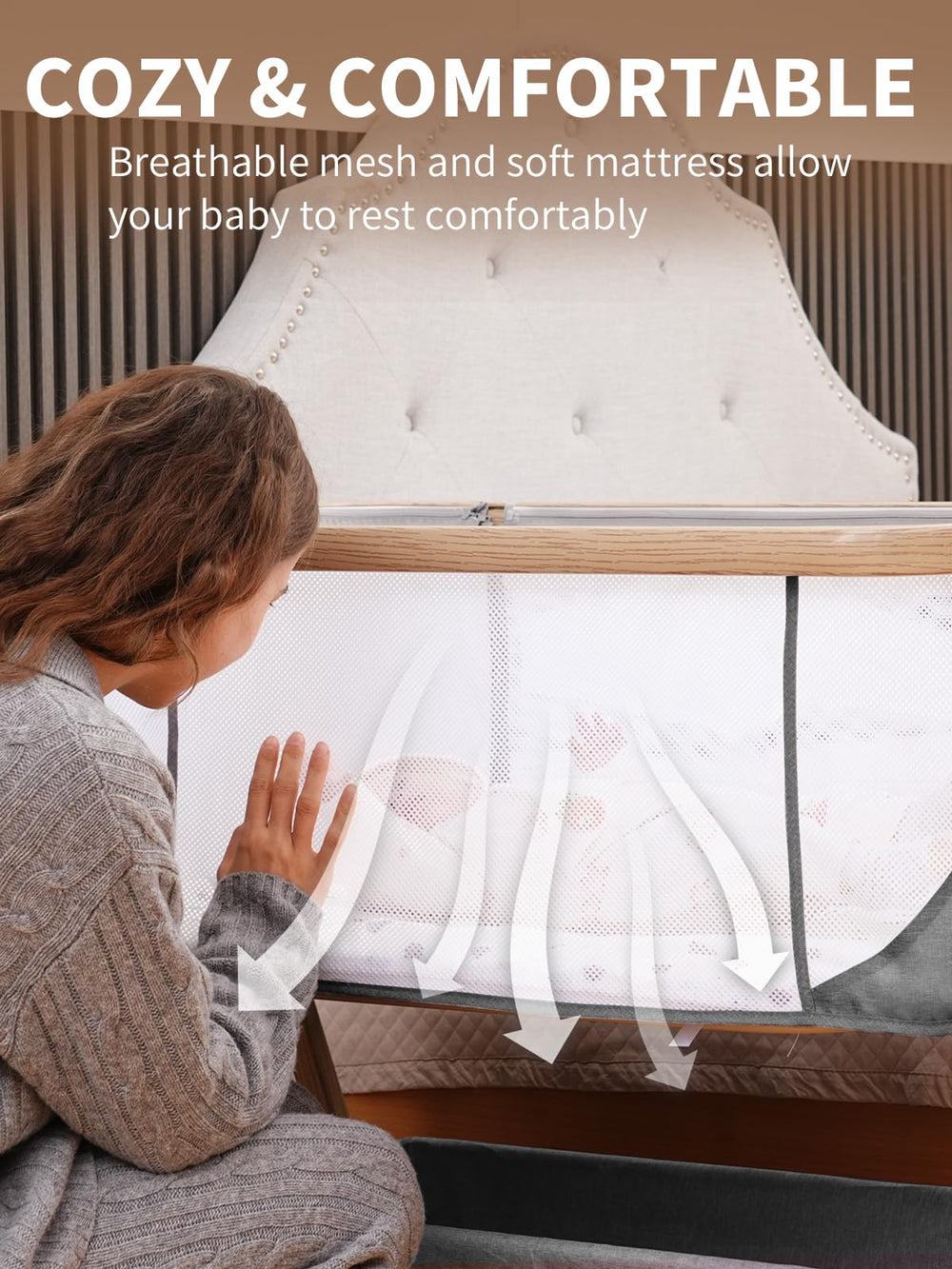 Jestonten bassinet with wheels enables smooth room-to-room transfers.