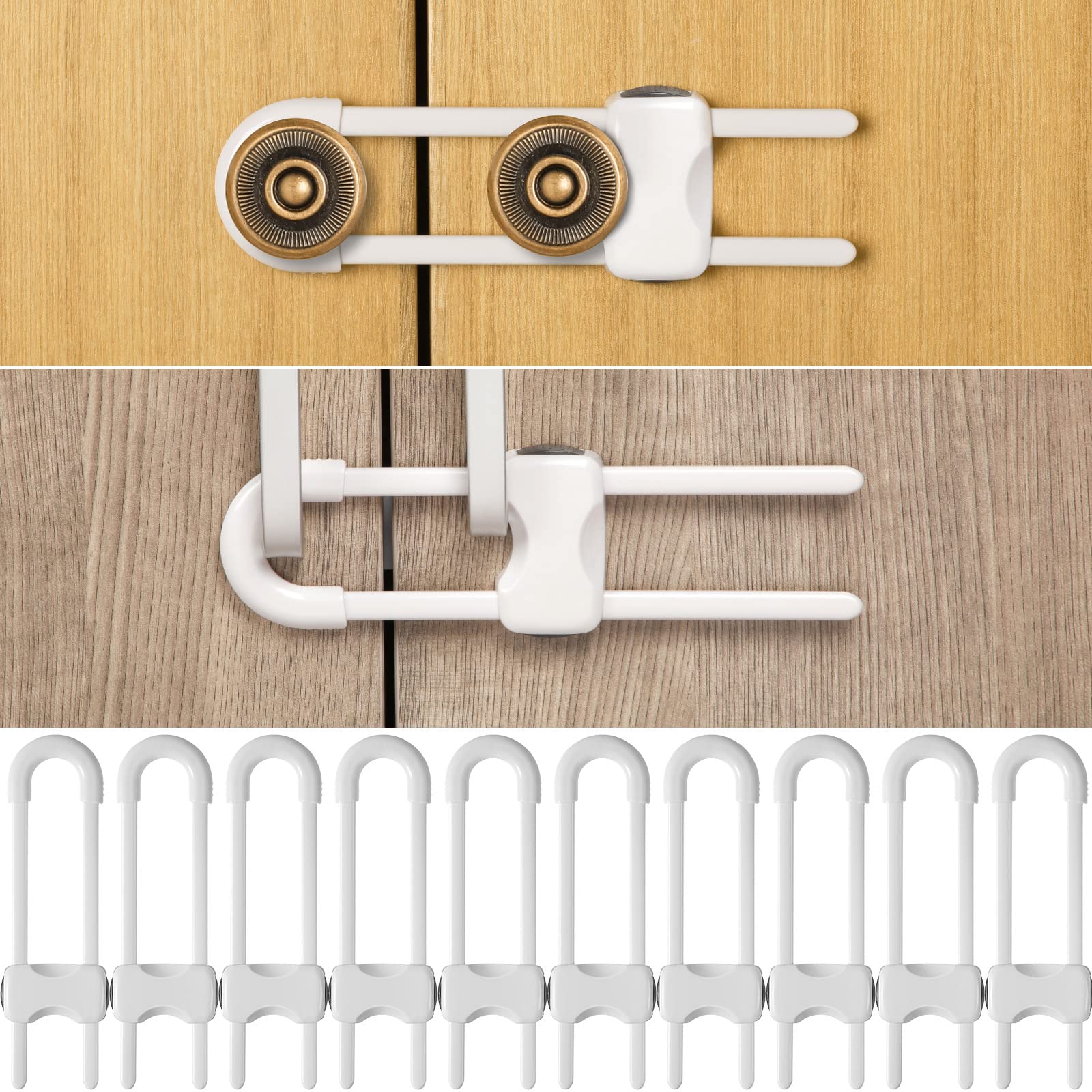 Jetec 10-piece cabinet locks with U-shaped design keep curious babies away from cabinets.