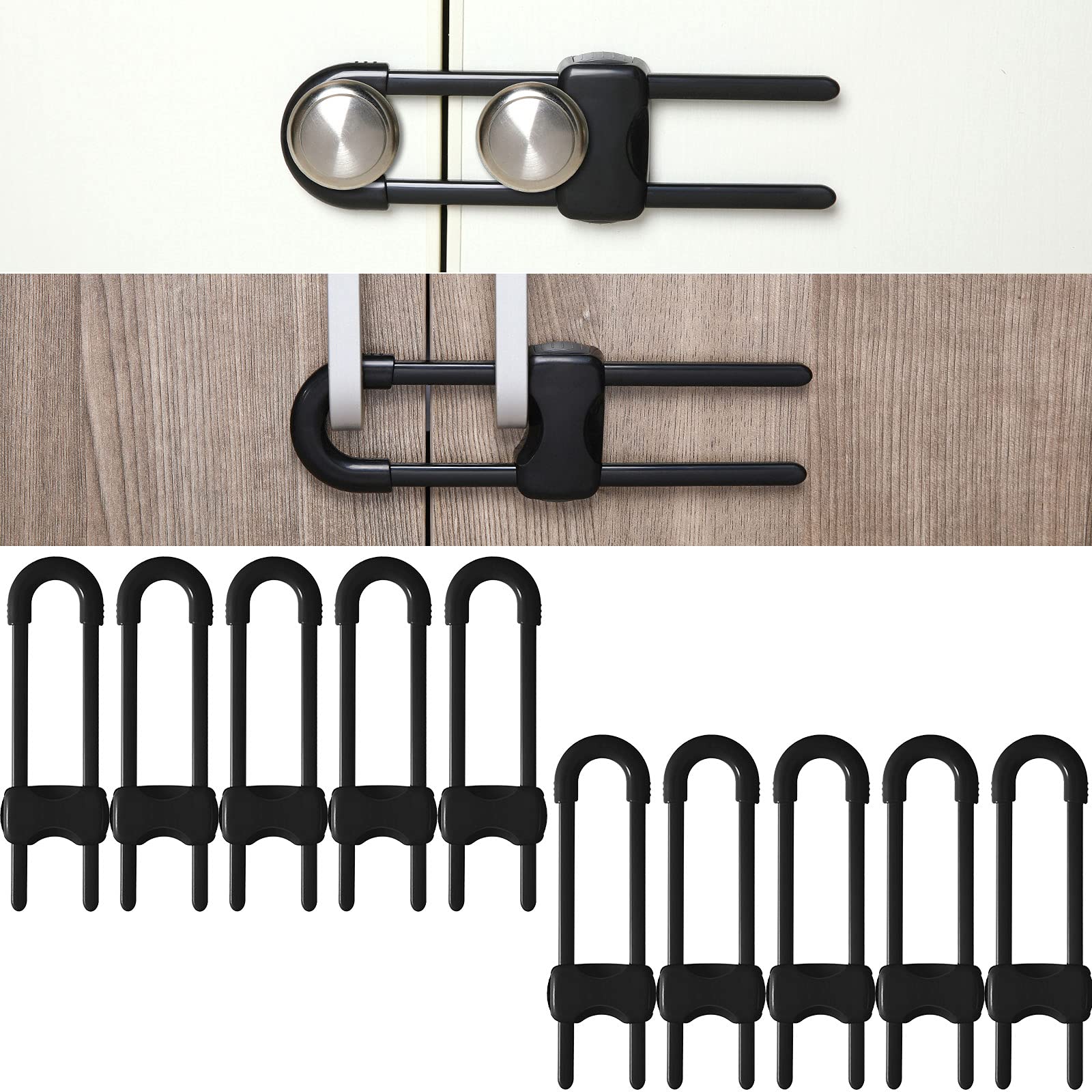 Jetec cabinet locks in use on a kitchen cabinet to keep curious babies safe