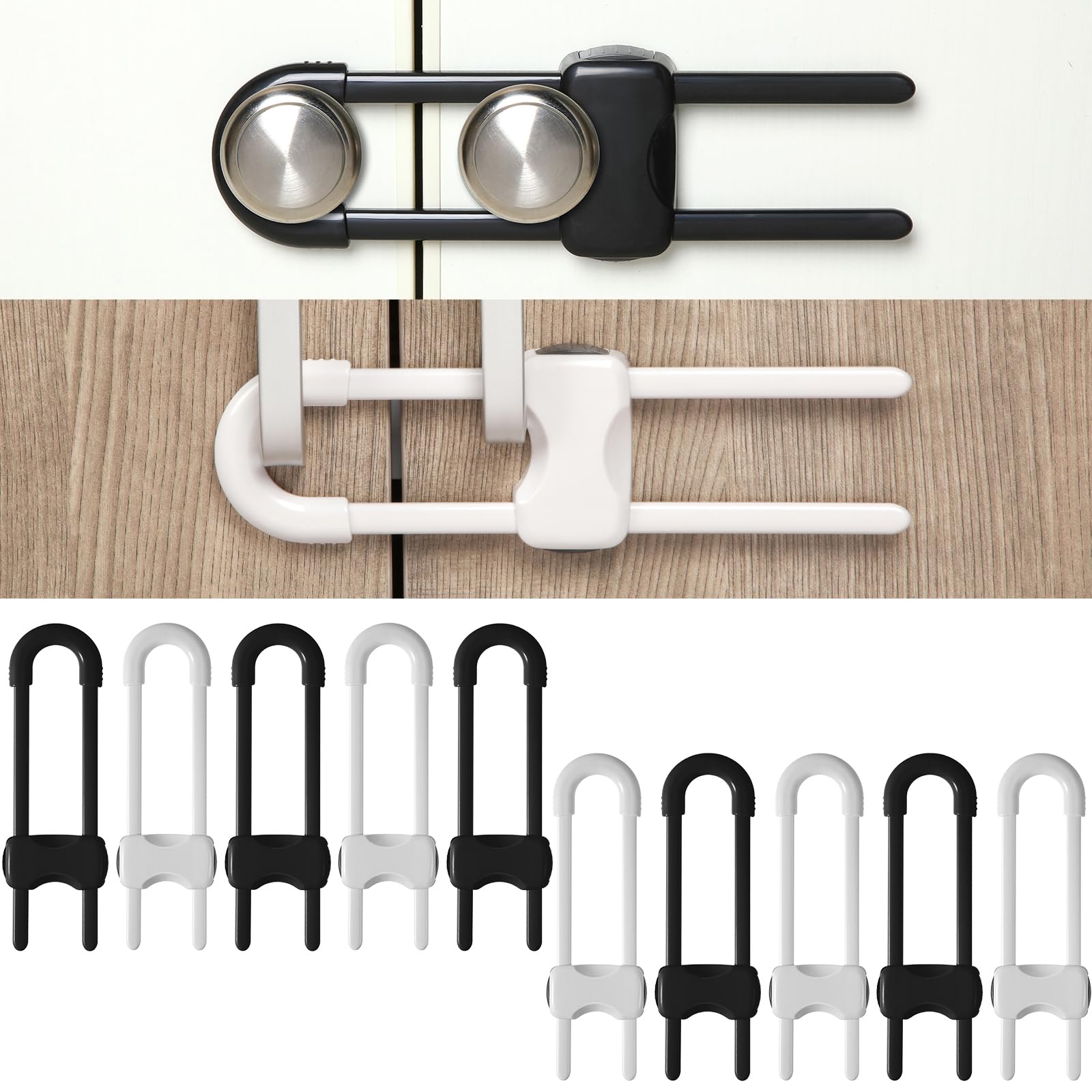 Jetec 10-pack U-shaped cabinet locks on knobs for baby-proof safety.