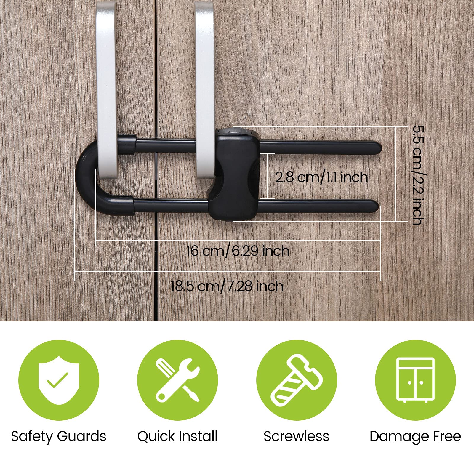 Close-up of Jetec U-shaped cabinet lock showing adjustable fit for knobs