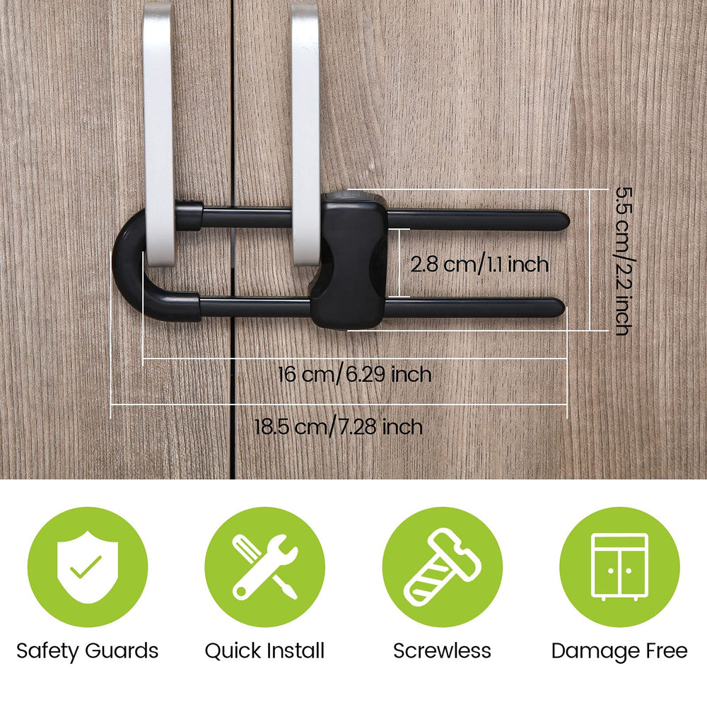 Close-up of Jetec U-shaped cabinet lock showing adjustable fit for knobs