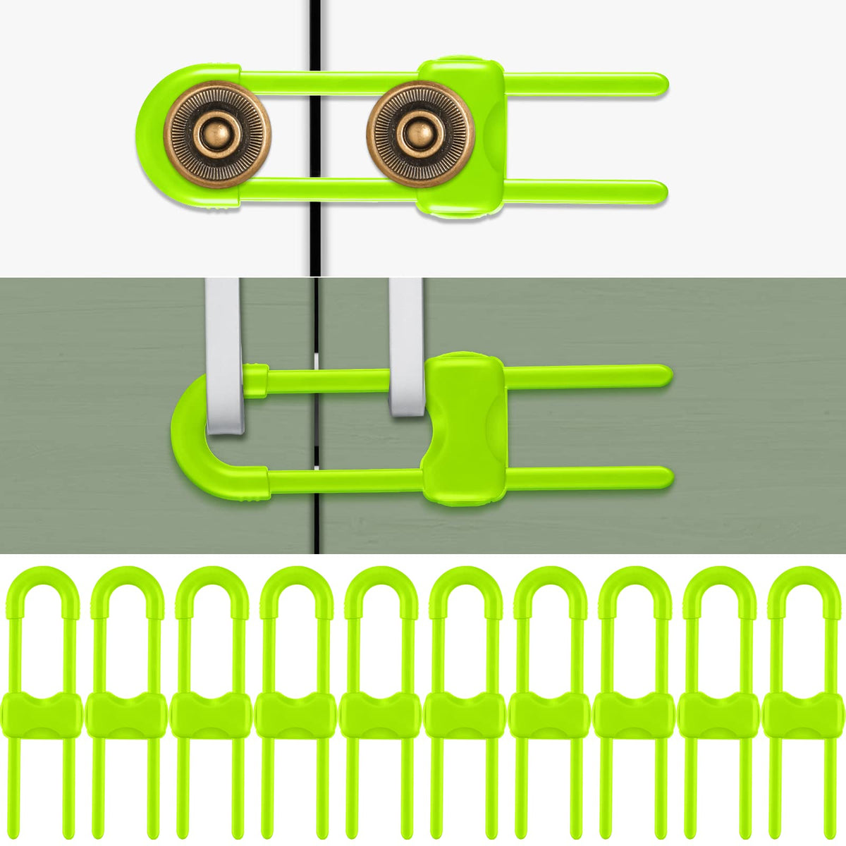 Jetec cabinet locks, green u-shaped design, for knob doors, helps keep curious kids safe