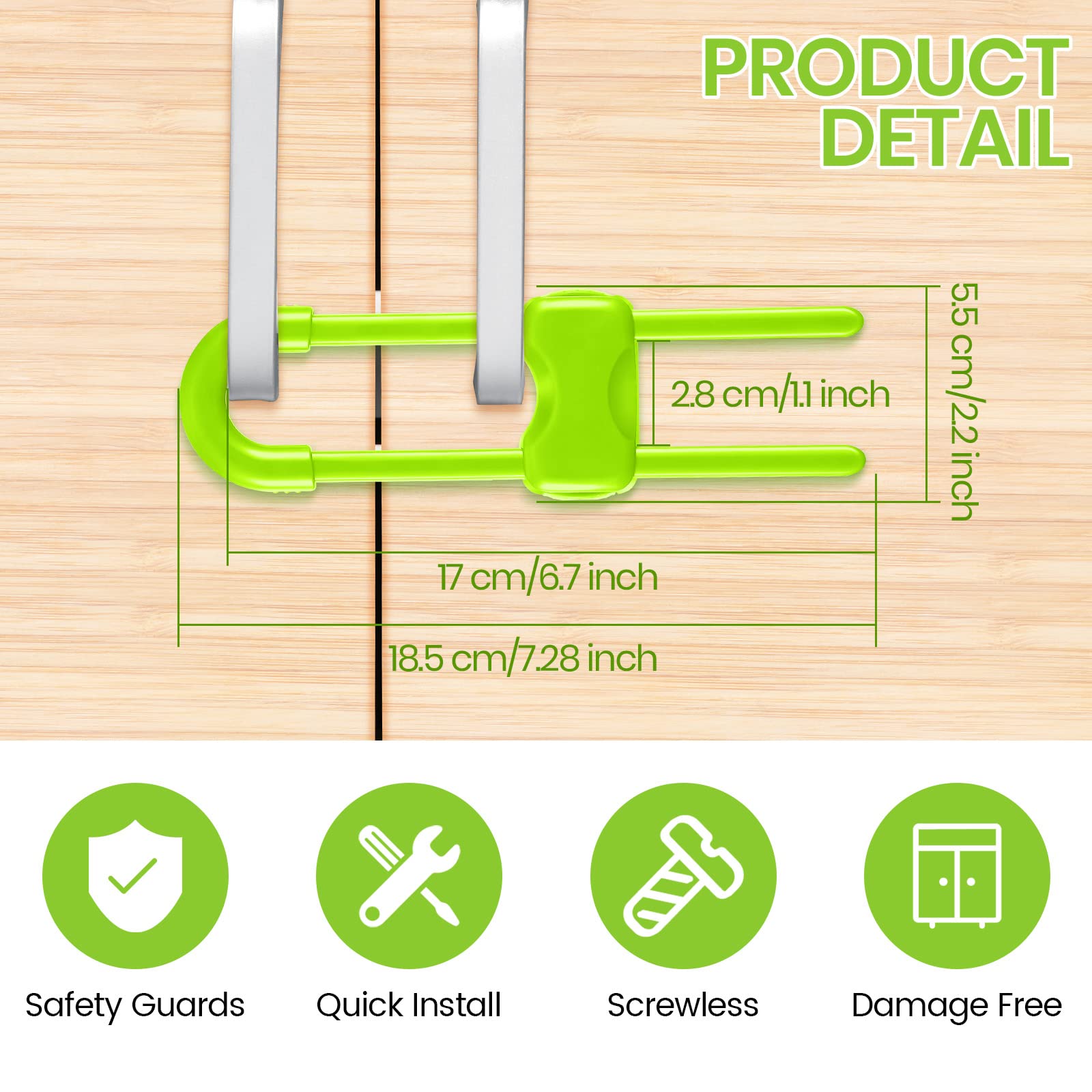 Jetec childproof latch, easy install, green color for quick kitchen cabinet safety