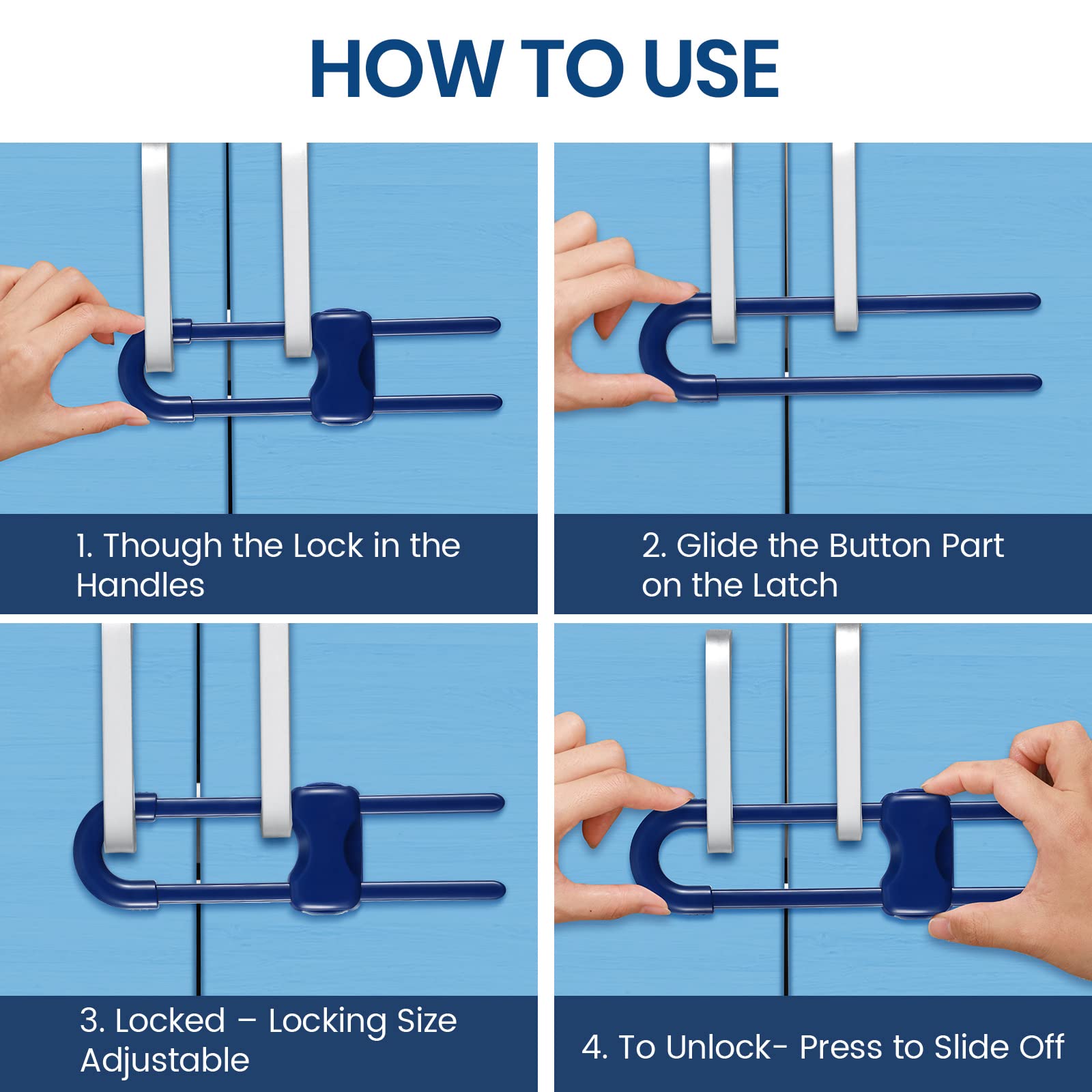 Blue ABS cabinet locks secure knobs up to 4.7 inches apart.
