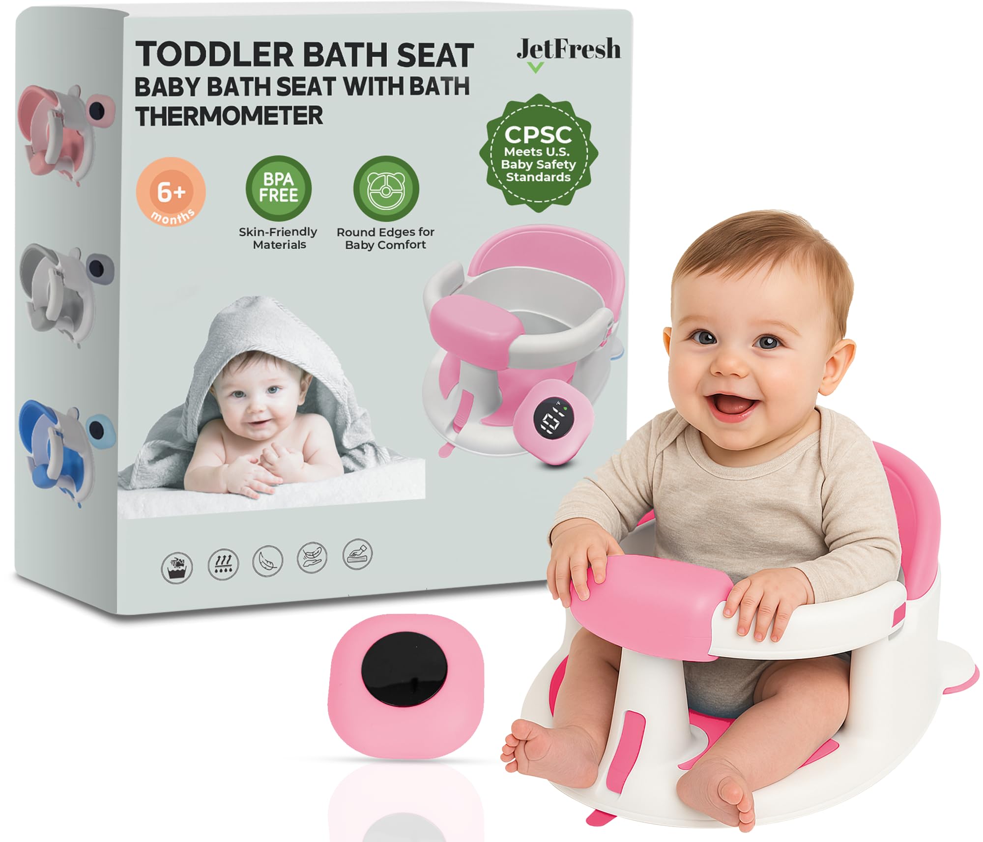 JetFresh baby bath seat with ergonomic backrest supports upright seating.