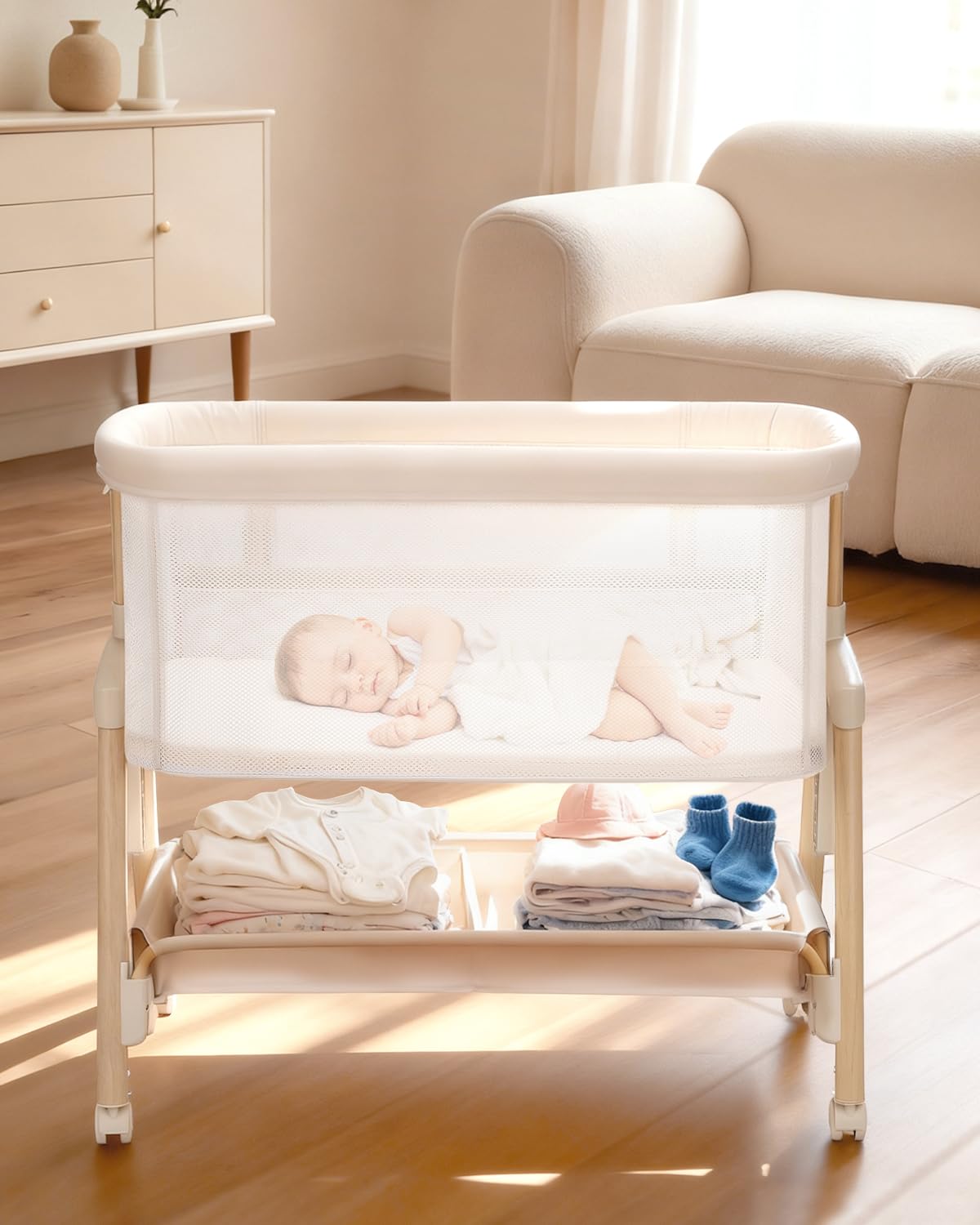 JevrJeur Baby Bassinet 3-in-1 bedside sleeper beside bed for easy nighttime care.