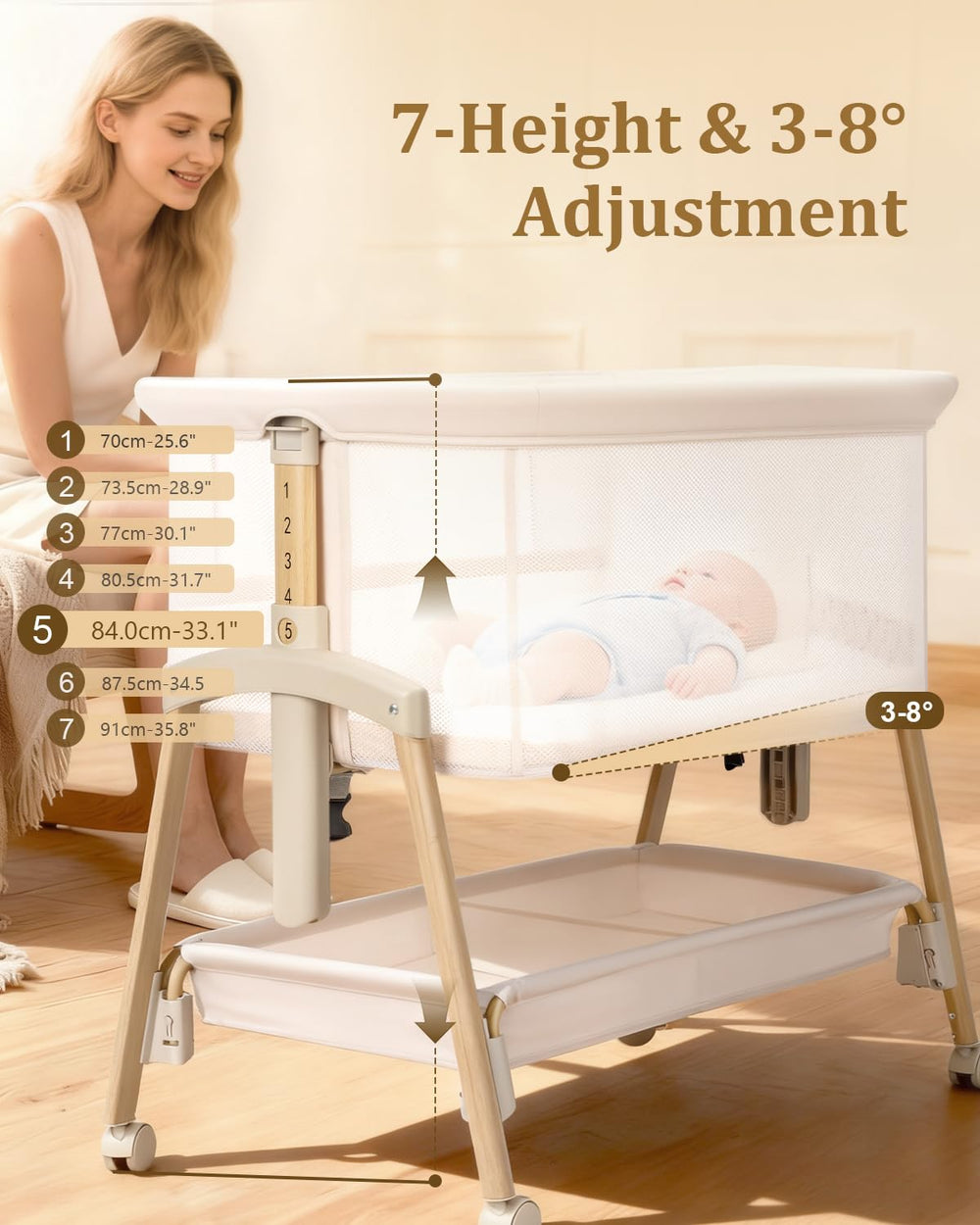JevrJeur Baby Bassinet 7-height adjustable aligns with different bed heights.