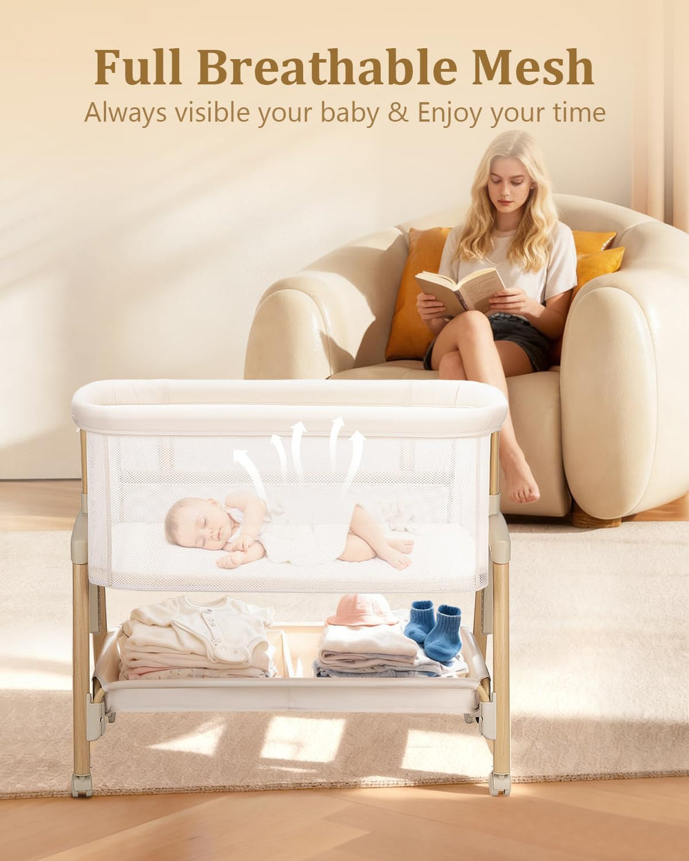 JevrJeur Bassinet with full mesh sides enhances visibility and airflow.