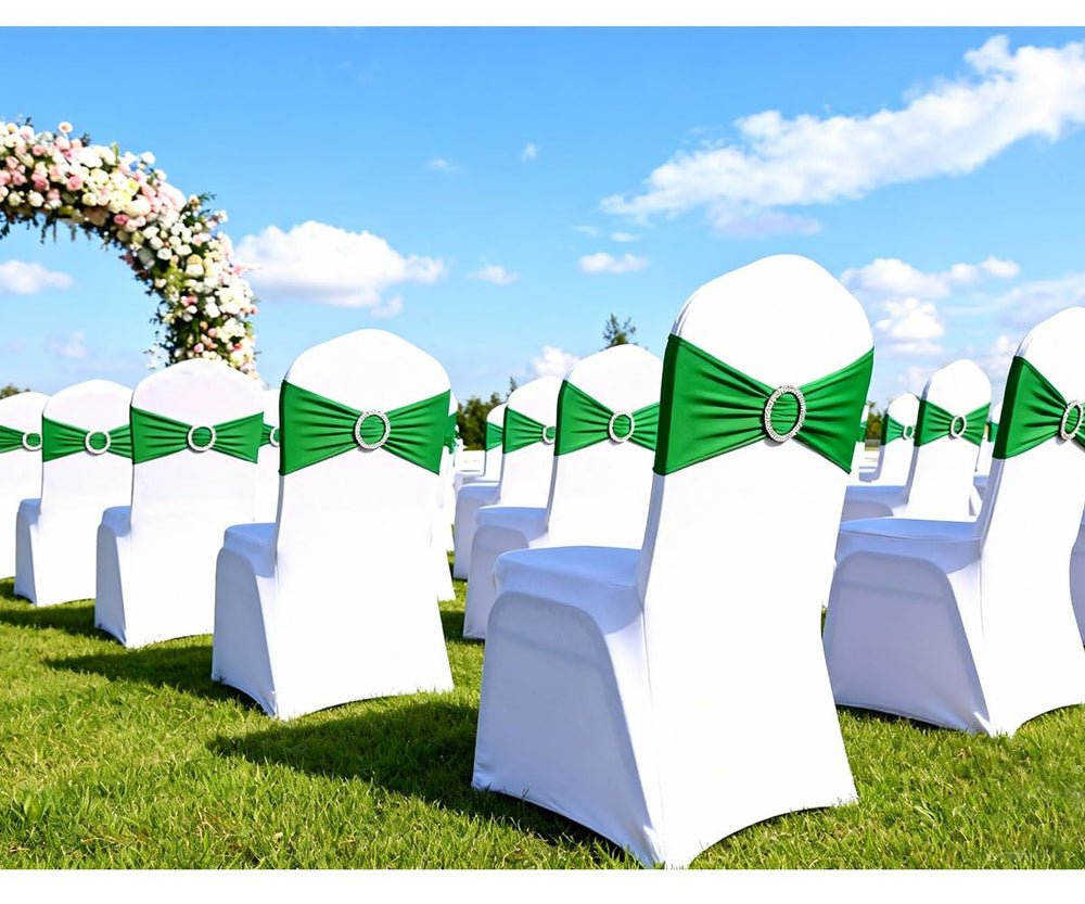 JFDYDM emerald green chair sash showing reinforced stitched edges for durability.
