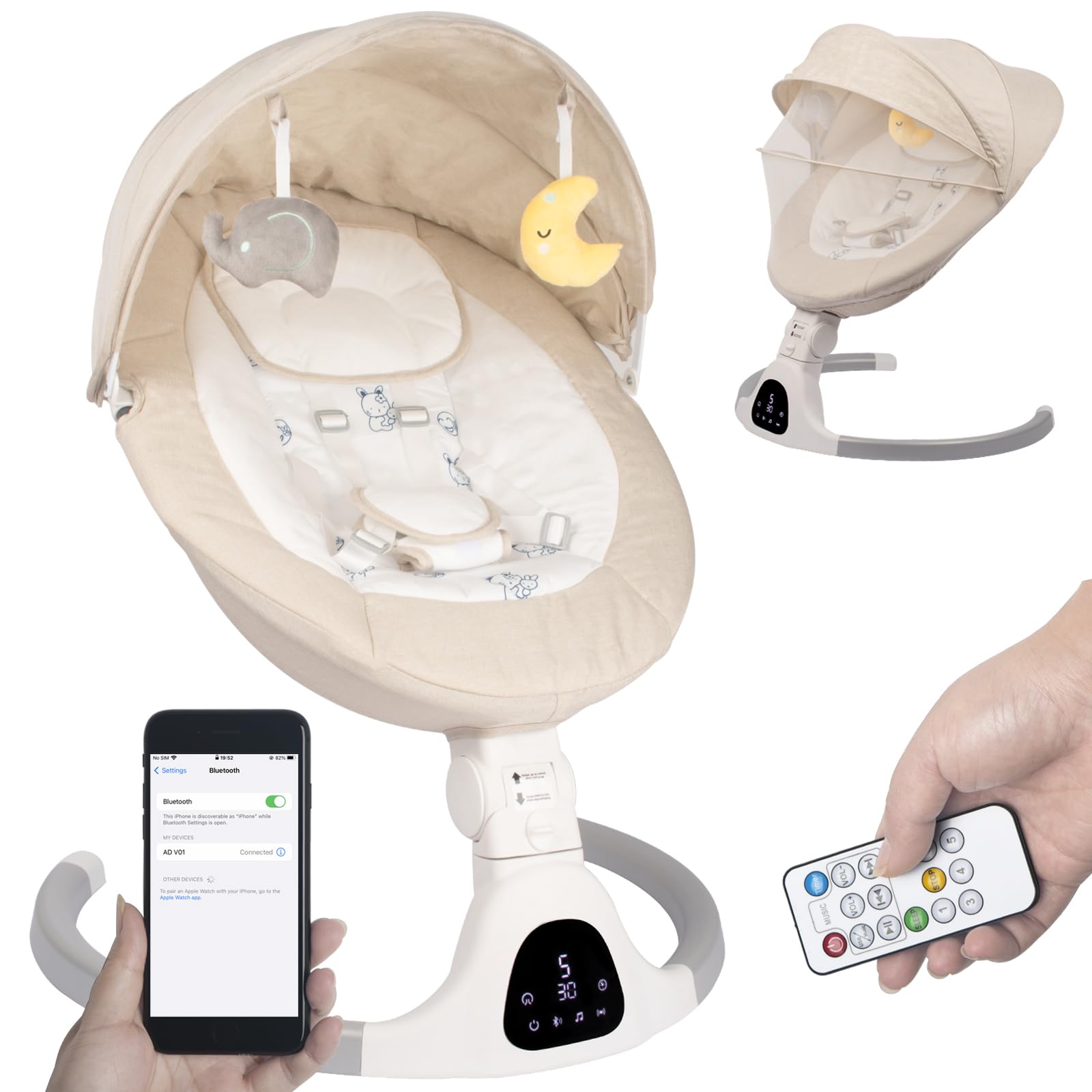 JFOVMCYG baby swing in ivory white overview showcasing soothing comfort and portability