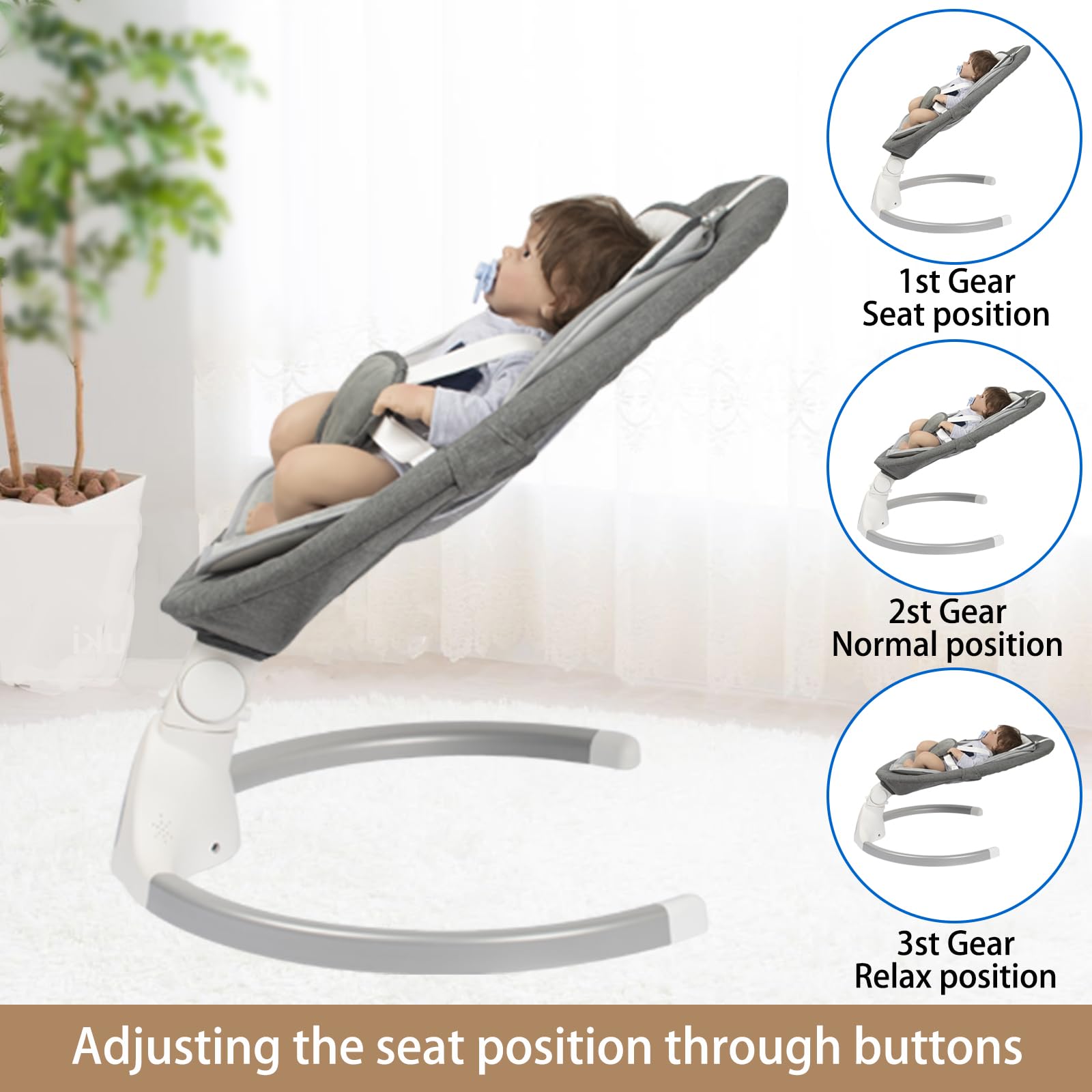 JFOVMCYG swing with five speeds offers customizable soothing rhythms.