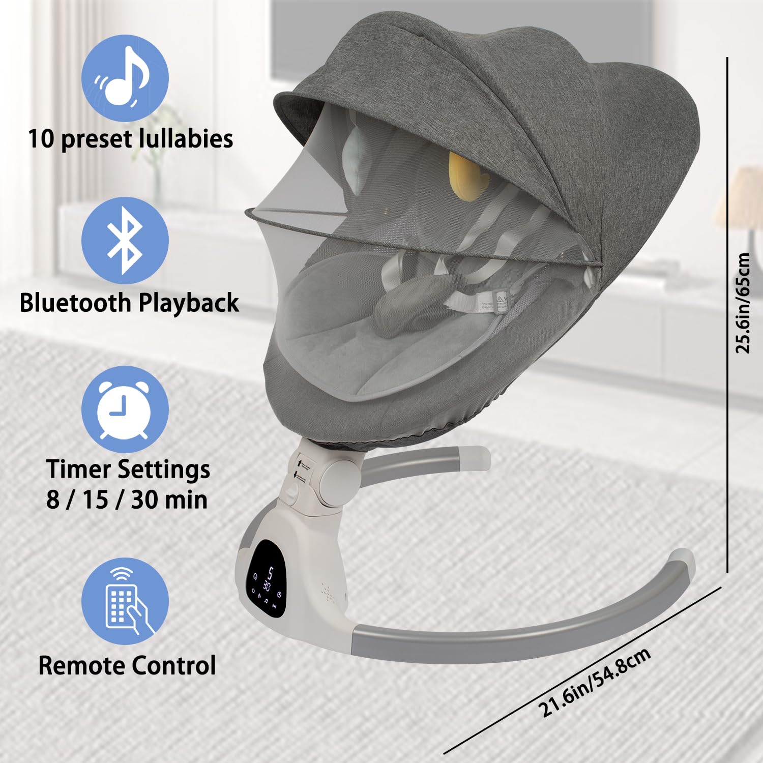 JFOVMCYG swing harness and seat feature a secure 5-point harness and comfy seating.