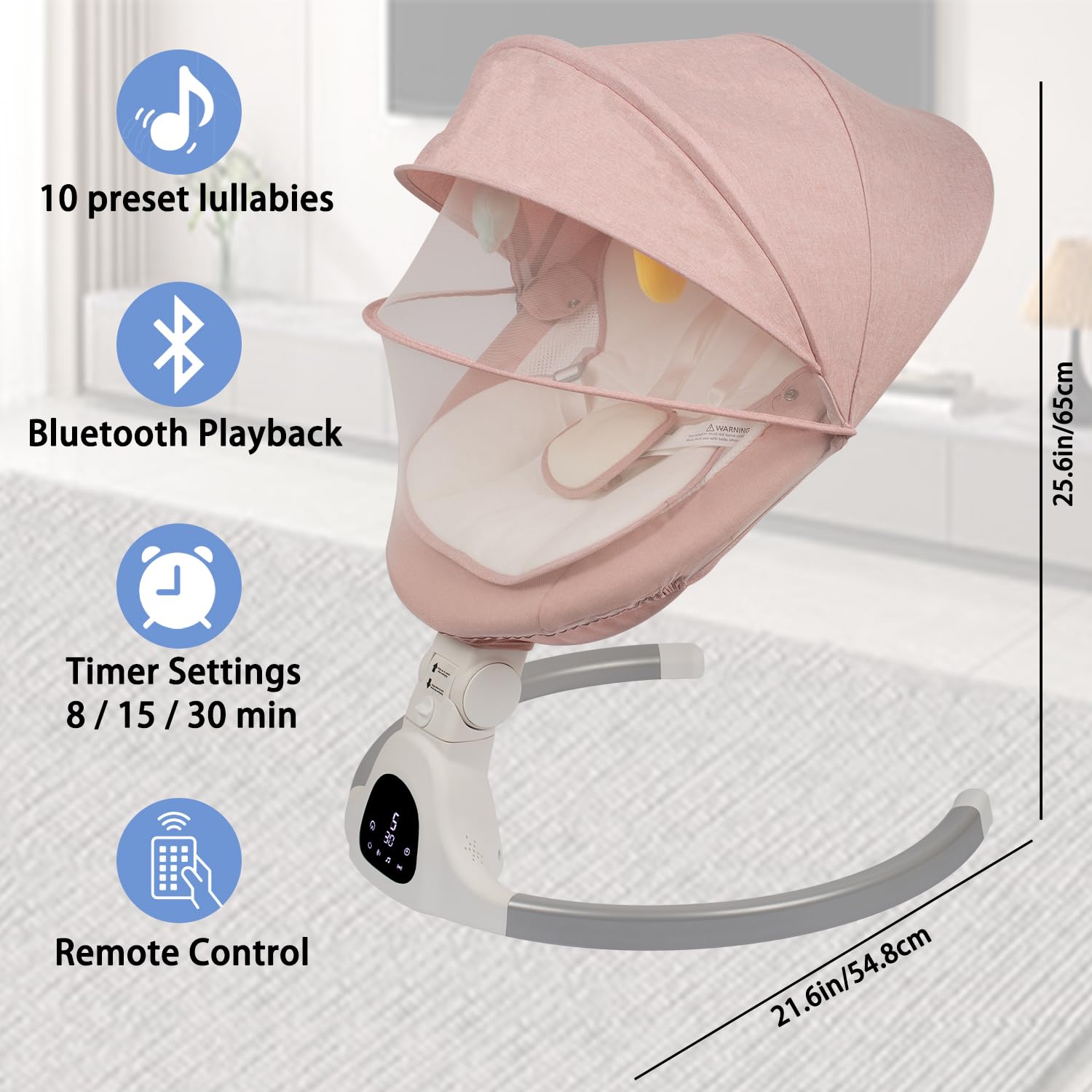 JFOVMCYG electric baby swing indoor outdoor use demonstrates versatile placement.