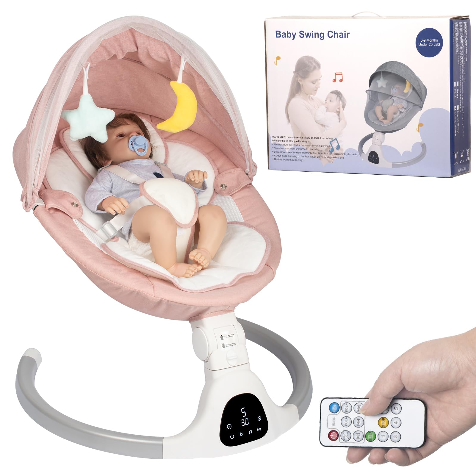 JFOVMCYG electric baby swing pink front view soothes infants.