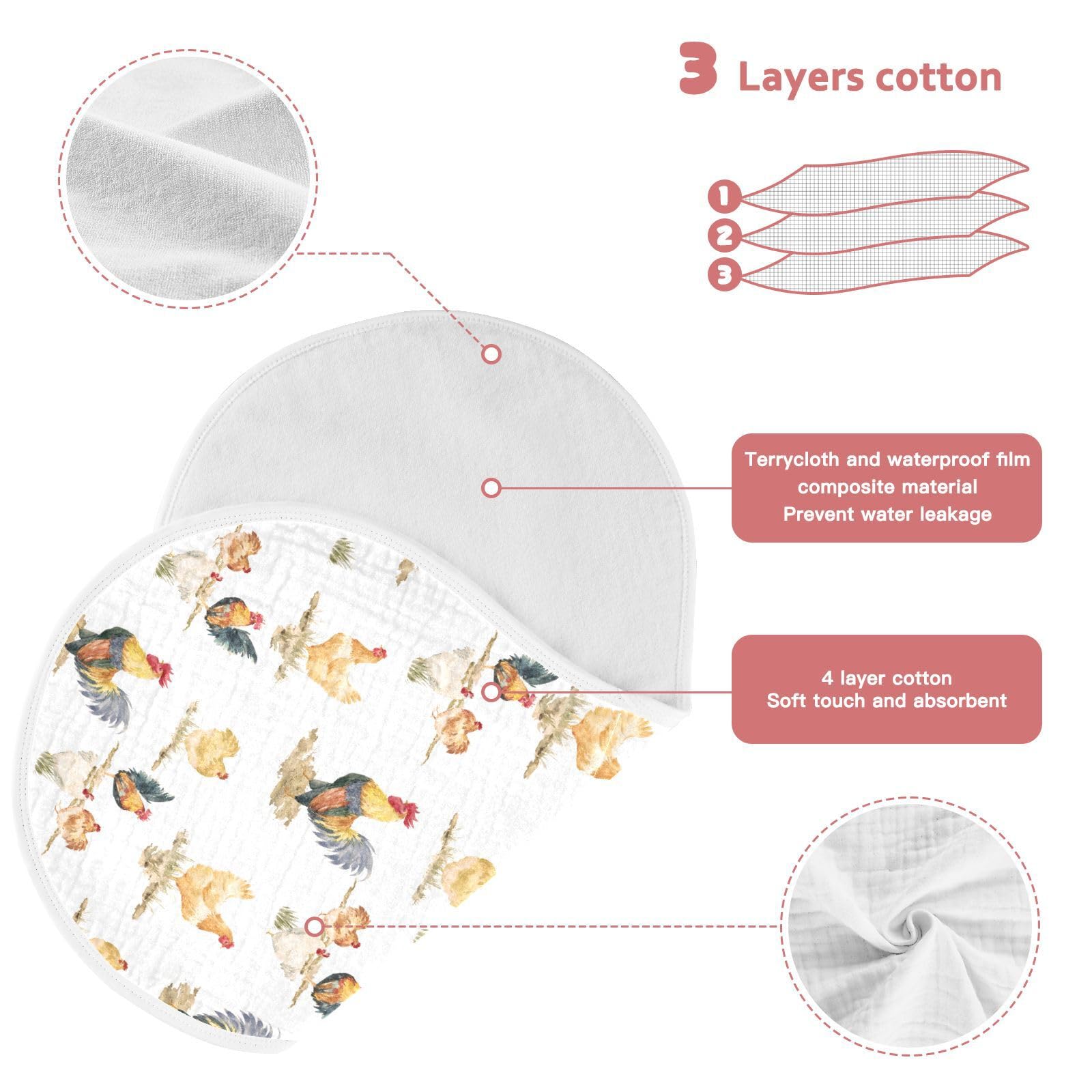 JHKKU rooster print design burp cloths for unisex baby gear.