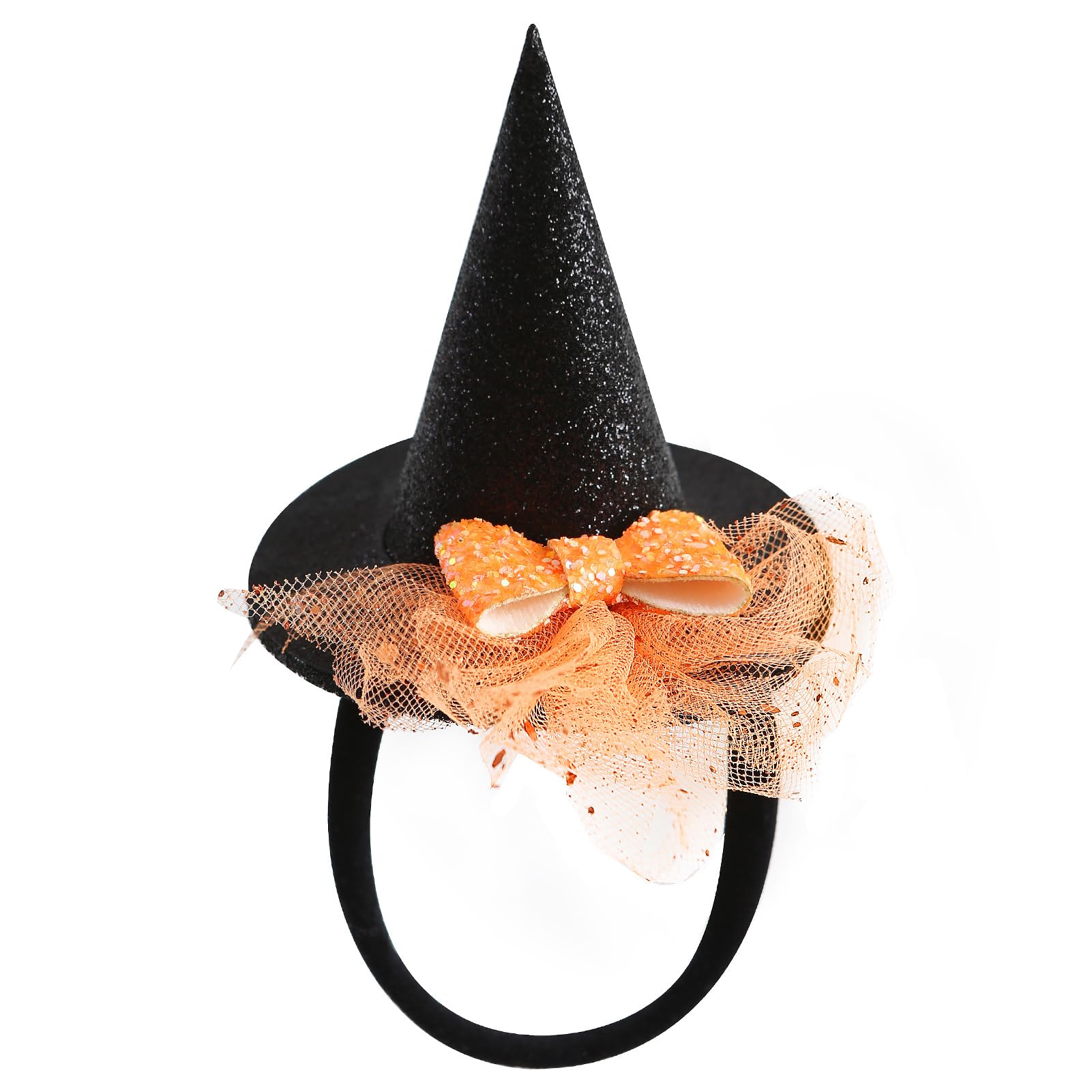 JiaDuo baby girls orange witch hat headband with glitter bow for cute Halloween photos.