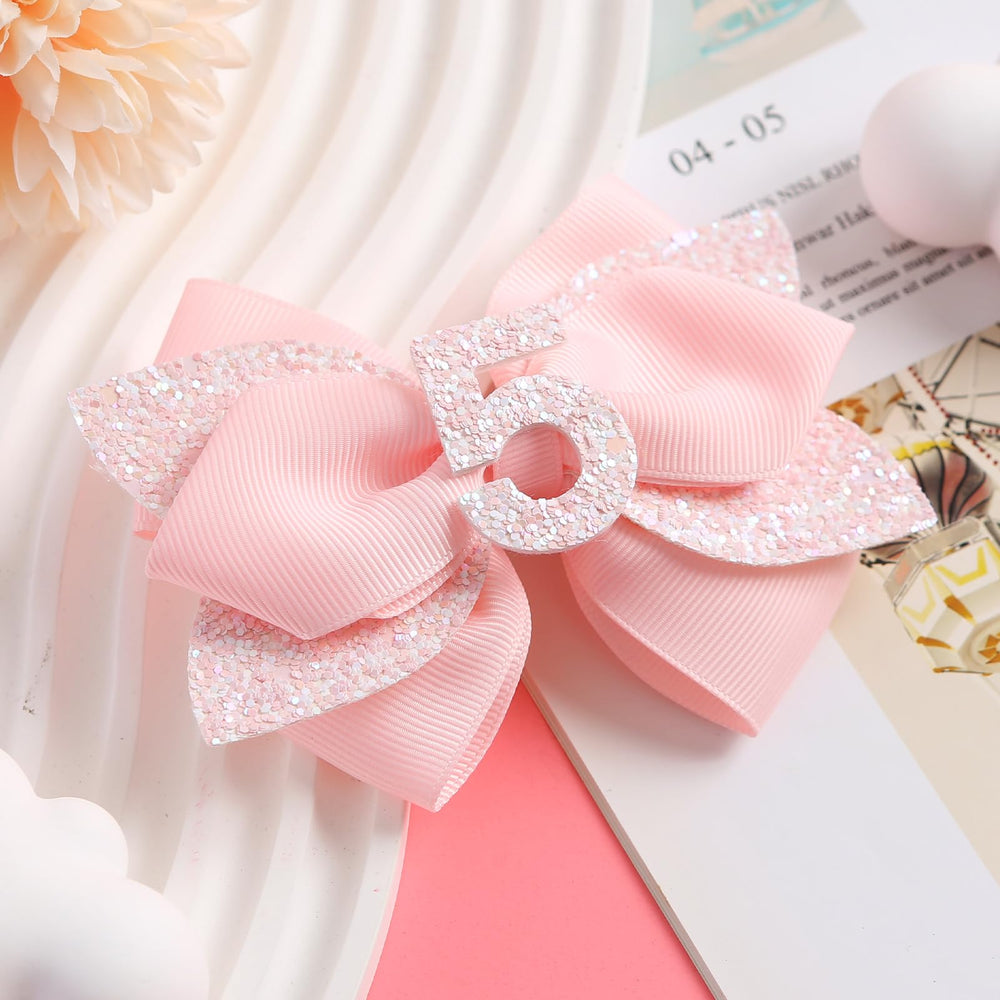 JiaDuo pink birthday bow for 4-year metal clip, glittery detail enhances party outfits.