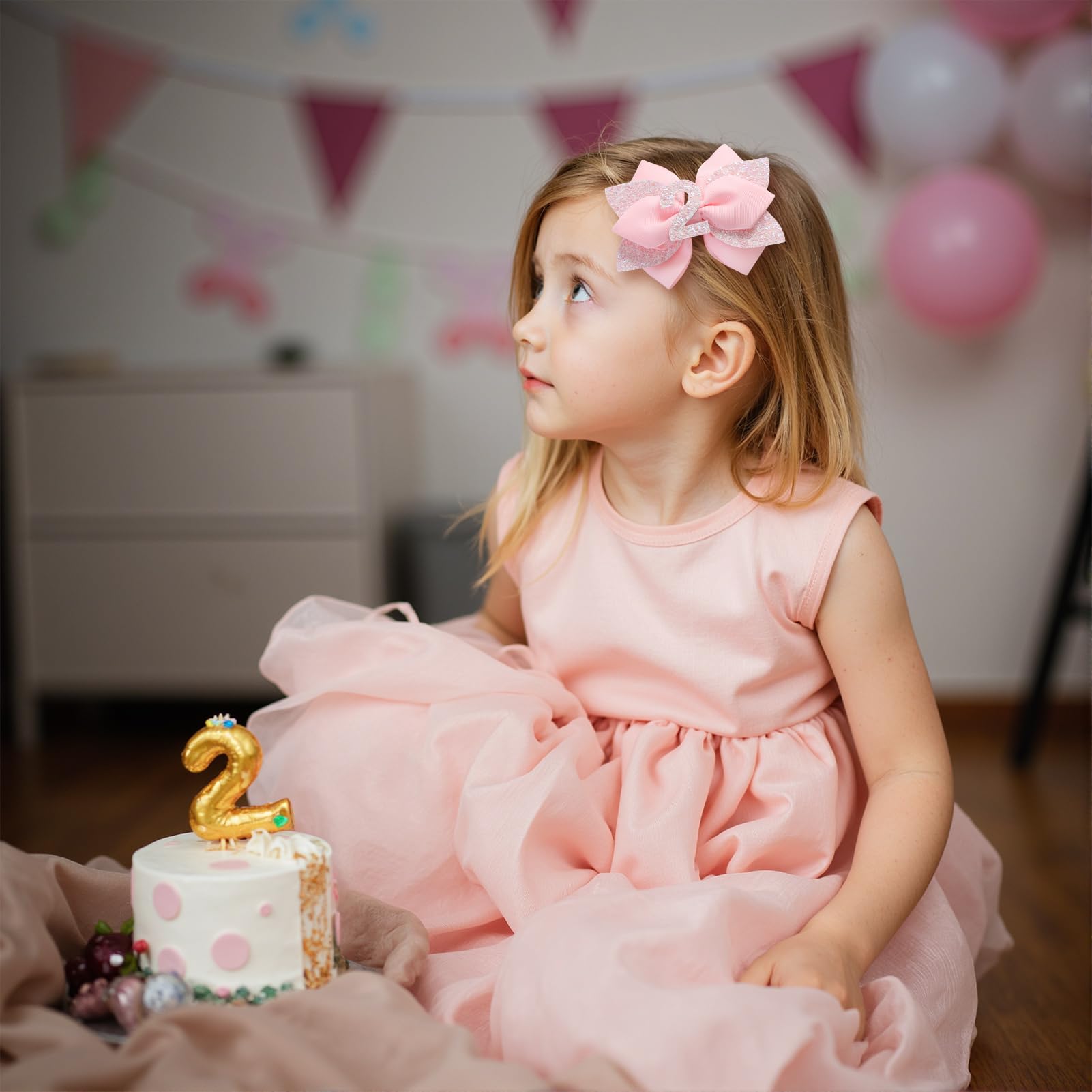 Jiaduo pink birthday bow ensemble for 1–6 years with glittery satin bows.