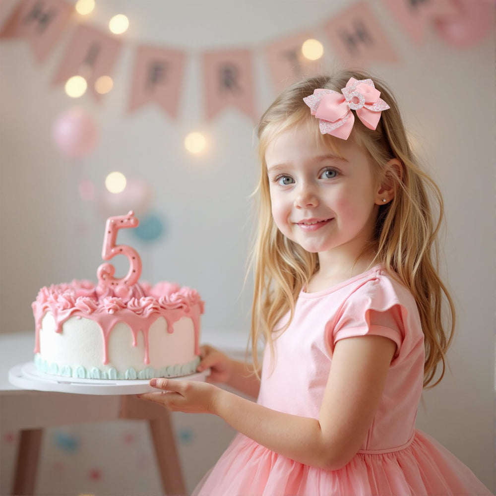 JiaDuo pink glitter birthday bow close-up, sparkly detail ideal for party decor or gifting.