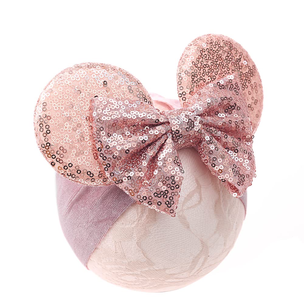 JIAHANG baby girl mouse ears turban with gold bows, ideal for newborn photos.