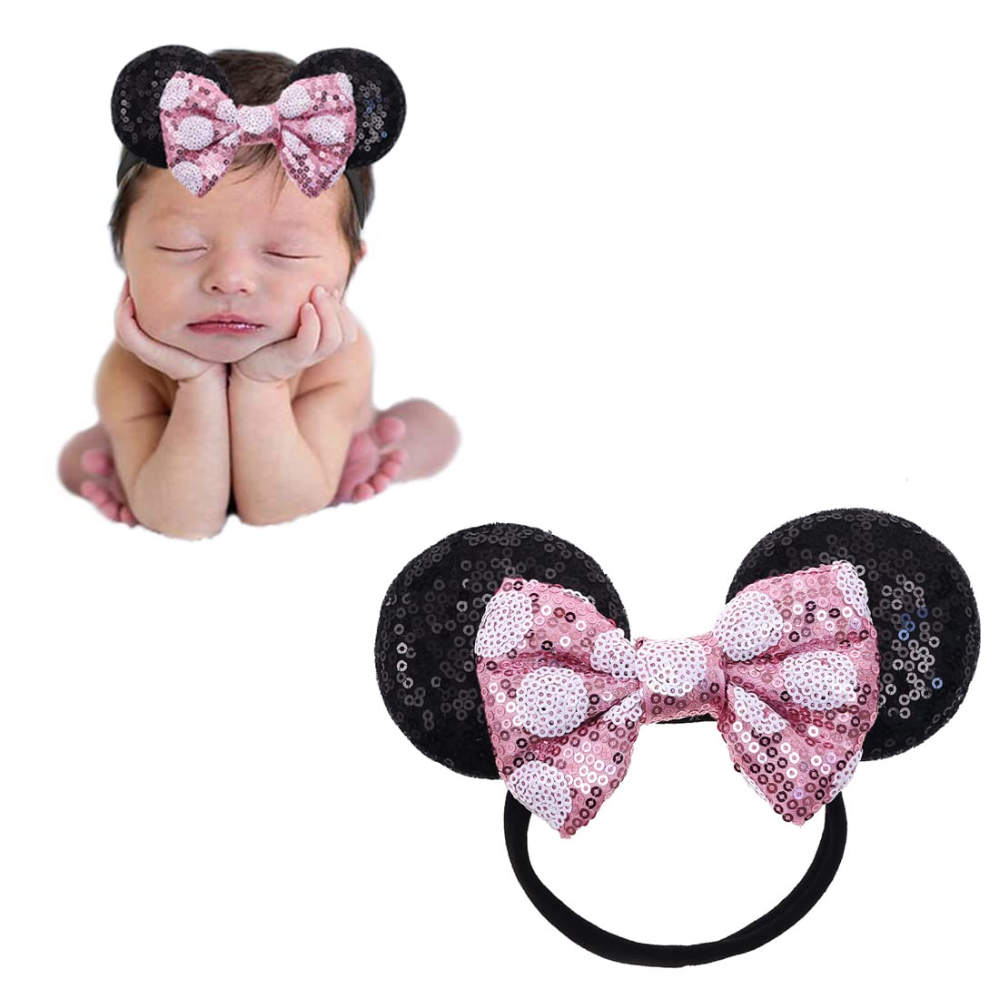 JIAHANG mouse ears headband with sequin bow for adorable newborn photos.