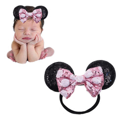 JIAHANG mouse ears headband with sequin bow for adorable newborn photos.
