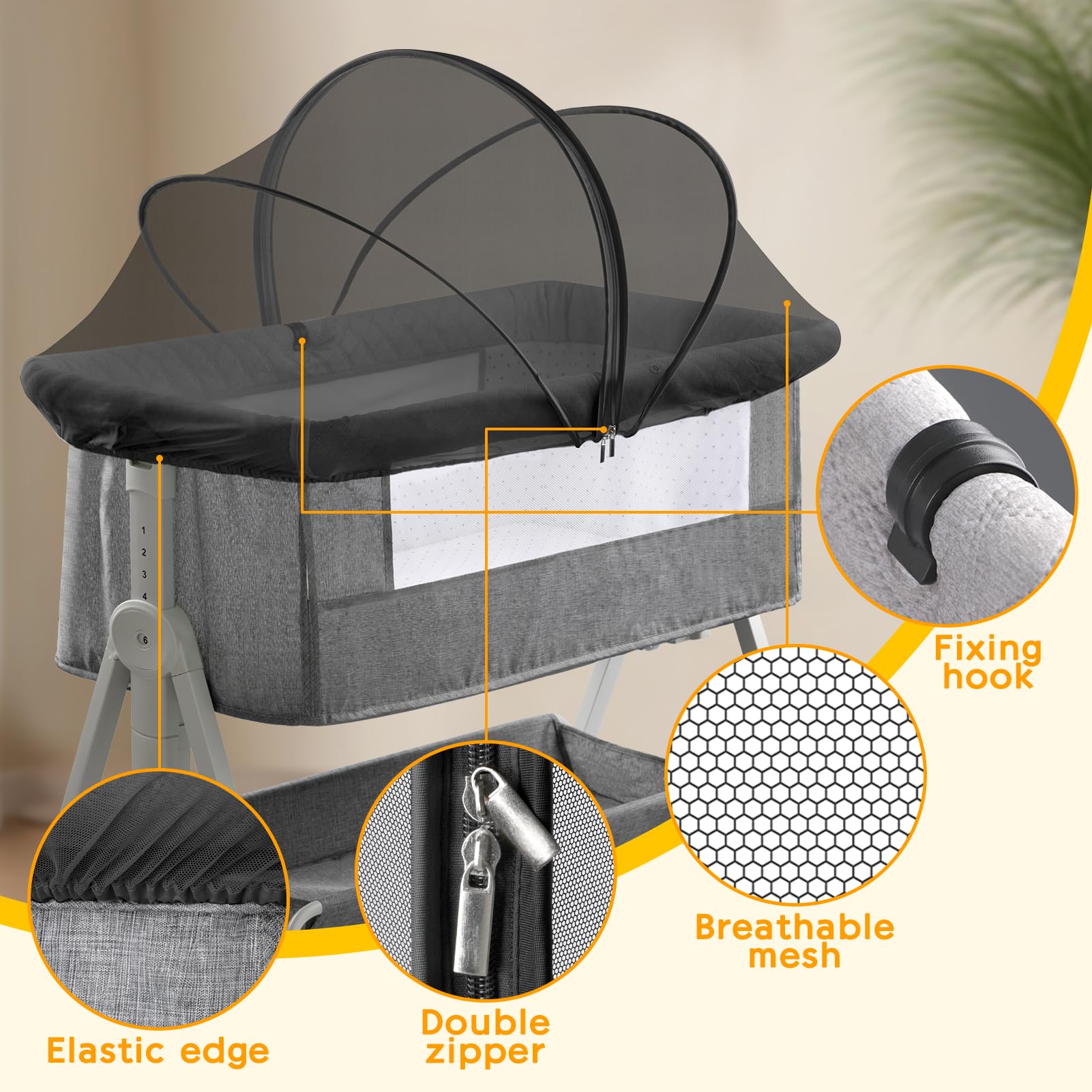 Jiangcha crib net with two-way zipper allows quick access during night feeds.