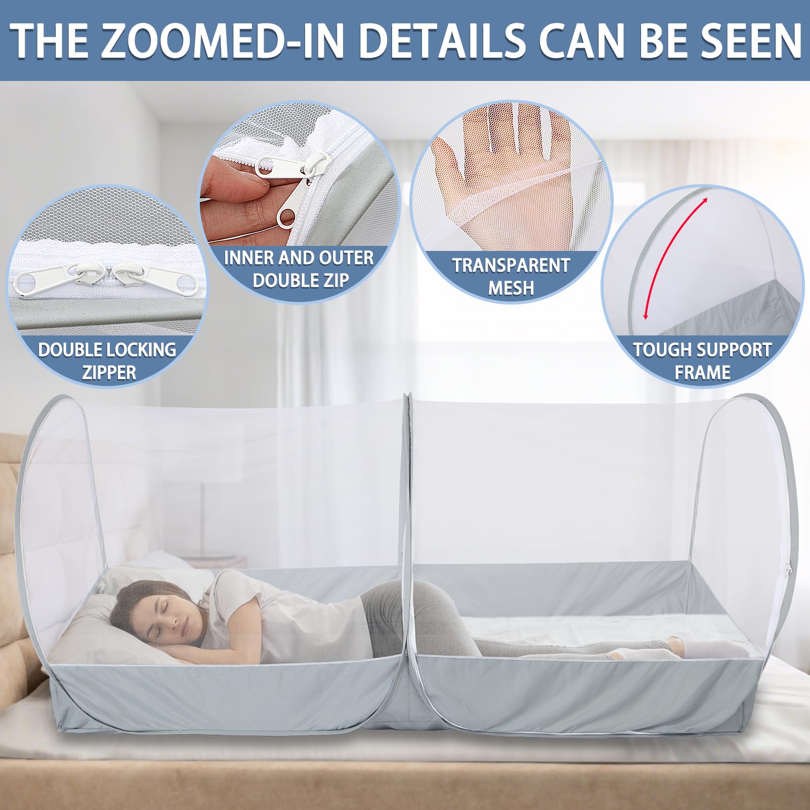 Jiangcha bed net folds compact into a round carry bag.