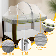 Jiangcha pack and play cover with two-way zipper for easy checks.