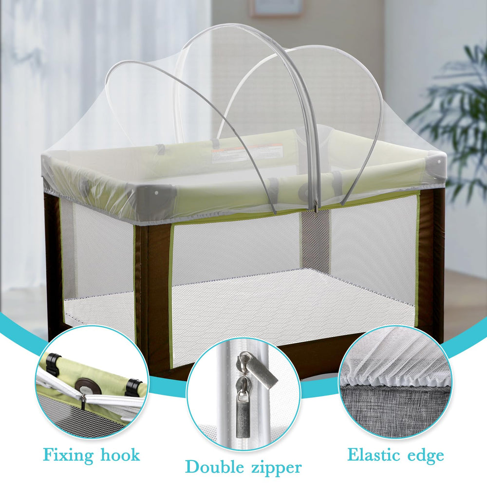 Jiangcha tent cover with elastic edges to adjust to bassinet sizes.